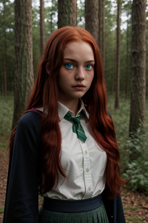1girl, (girl:1.3), 16 years old, (long red hair:1.2) , (Blue eyes:1.2), solo focus, portrait, simple forest background, standing, 
(slytherin), hogrobe, black robe, skirt, masterpiece, best quality, extremely detailed, highly detailed face, beautiful detailed eyes