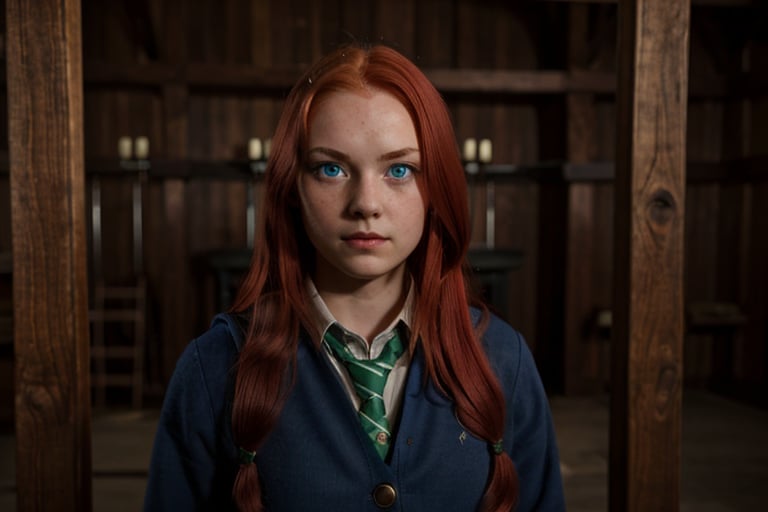 1girl, (girl:1.3), 16 years old, (long red hair:1.2) , (Blue eyes:1.2), solo focus, portrait, simple castle background, standing, 
(slytherin), hogbrezwer, jacket, skirt, masterpiece, best quality, extremely detailed, highly detailed face, beautiful detailed eyes