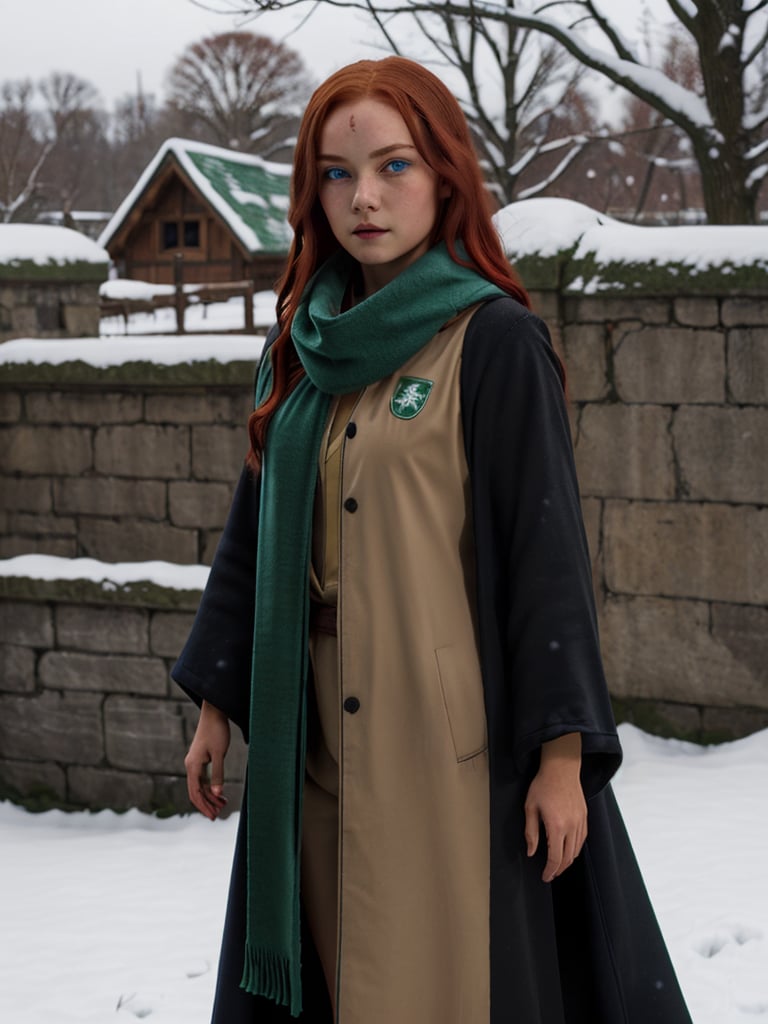 1girl, (girl:1.3), 16 years old, (long red hair:1.2) , (Blue eyes:1.2), solo focus, portrait, simple snowy and castle background, walking, (slytherin), hogrobe (black robe), black robe, hogscarf (green scarf ), masterpiece, best quality, extremely detailed, highly detailed face, beautiful detailed eyes
