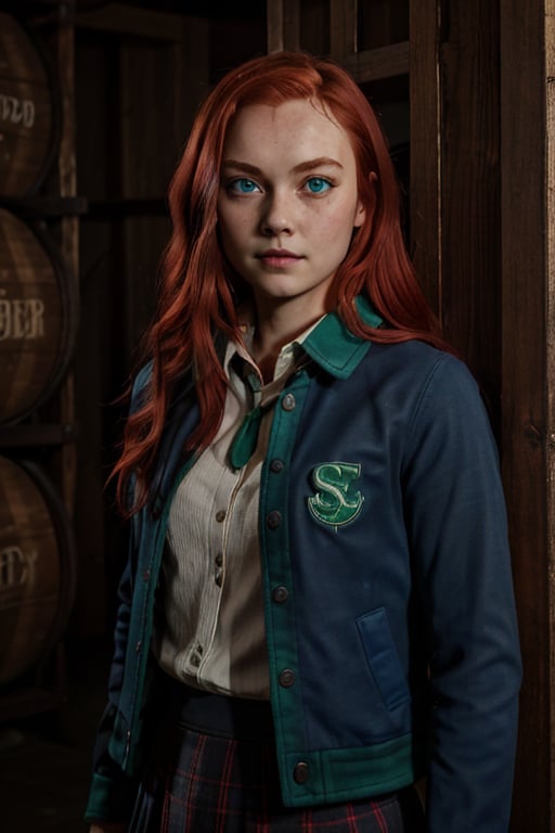 1girl, (girl:1.3), 16 years old, (long red hair:1.2) , (Blue eyes:1.2), solo focus, portrait, simple background, standing, 
(slytherin), hogbrezwer, jacket, skirt, masterpiece, best quality, extremely detailed, highly detailed face, beautiful detailed eyes