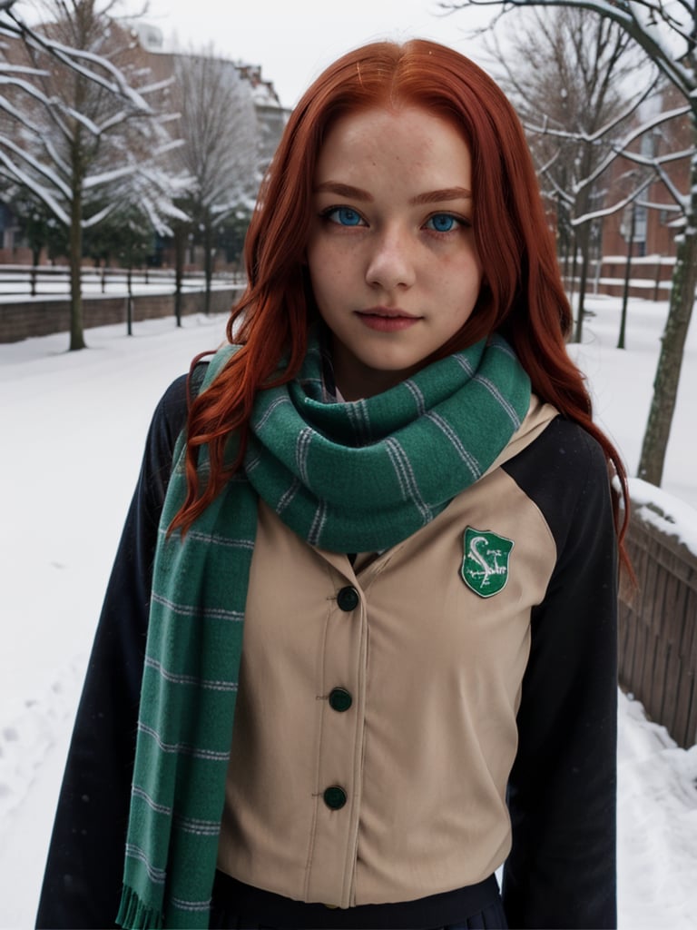 1girl, (girl:1.3), 16 years old, (long red hair:1.2) , (Blue eyes:1.2), solo focus, portrait, simple snowy background, walking, (slytherin), hogrobe, black robe, skirt, hogscarf (green scarf ), masterpiece, best quality, extremely detailed, highly detailed face, beautiful detailed eyes