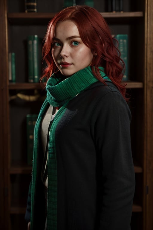 1girl, (girl:1.3), 16 years old, (red hair:1.2) , (Green eyes:1.2), solo focus, portrait, simple background, standing, 
(slytherin), hogbrezwer, black robe, hogscarf, hogsweater, skirt, masterpiece, best quality, extremely detailed, highly detailed face, beautiful detailed eyes