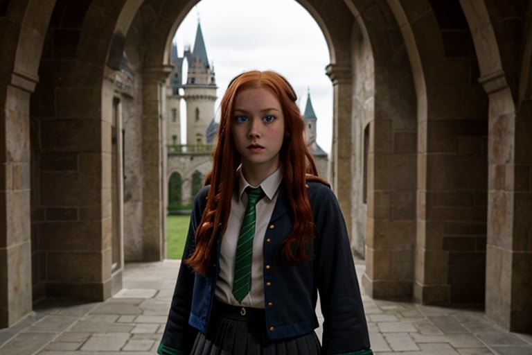 1girl, (girl:1.3), 16 years old, (long red hair:1.2) , (Blue eyes:1.2), solo focus, portrait, simple castle background, standing, 
(slytherin), hogrobe, black robe, skirt, masterpiece, best quality, extremely detailed, highly detailed face, beautiful detailed eyes