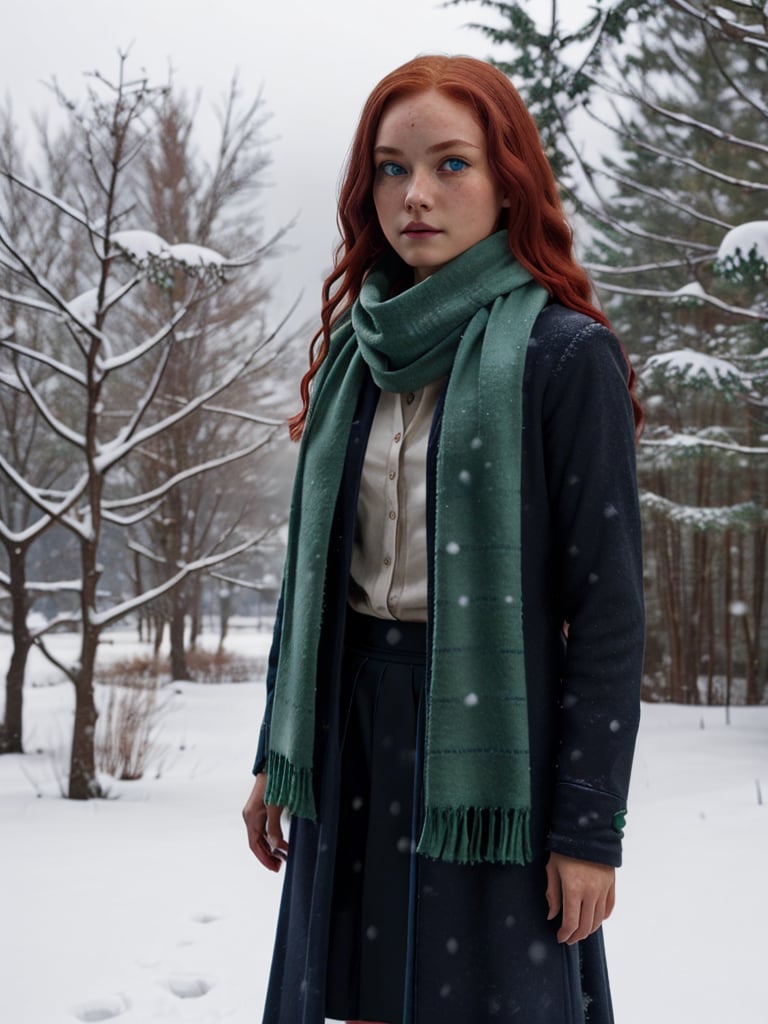 1girl, (girl:1.3), 16 years old, (long red hair:1.2) , (Blue eyes:1.2), solo focus, portrait, simple snowy background, walking in falling snow, (slytherin), hogrobe, black robe, skirt, hogscarf (green scarf ), masterpiece, best quality, extremely detailed, highly detailed face, beautiful detailed eyes
