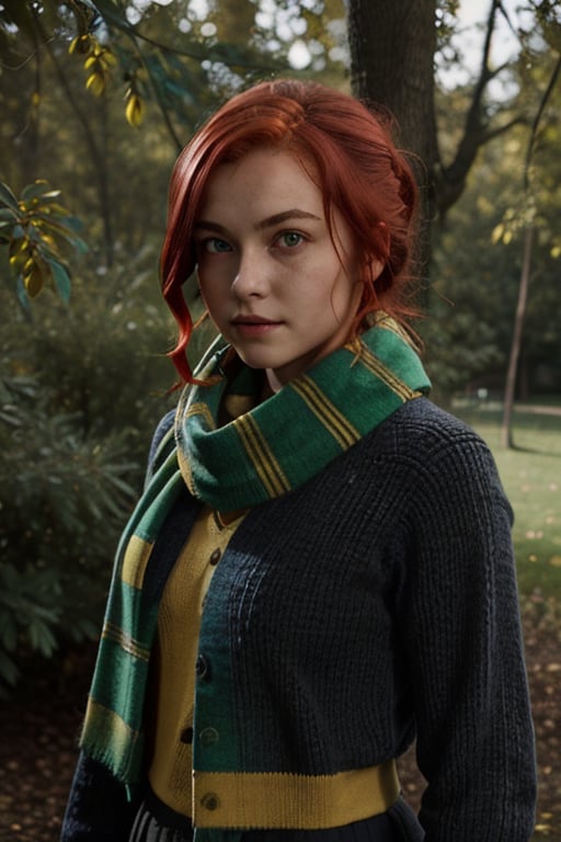 1girl, (girl:1.3), 16 years old, (red hair:1.2) , (Green eyes:1.2)solo focus, portrait, simple background, standing, 
(Hufflepuff), hogrobe, black robe, hogscarf, hogsweater, skirt, masterpiece, best quality, extremely detailed, highly detailed face, beautiful detailed eyes