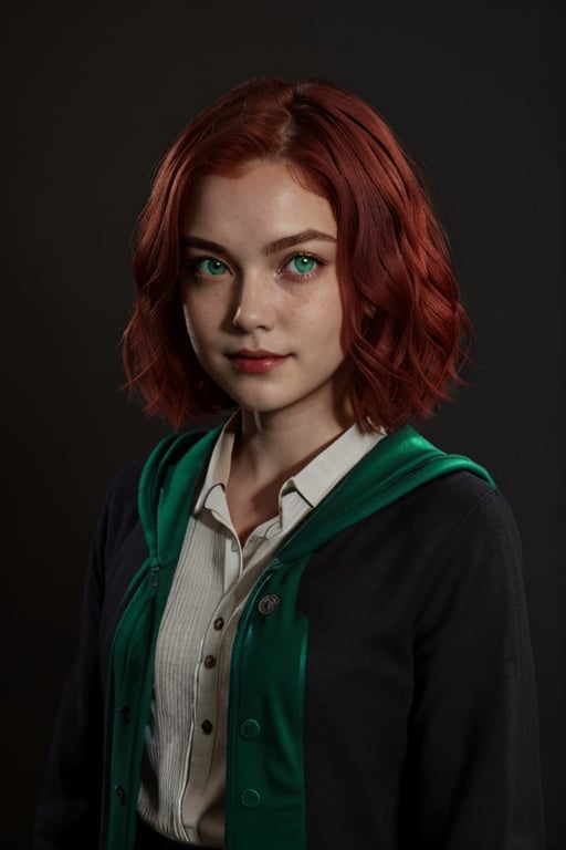 1girl, (girl:1.3), 16 years old, (red hair:1.2) , (Green eyes:1.2), solo focus, portrait, simple background, standing, 
(slytherin), hogrobe, black robe, skirt, masterpiece, best quality, extremely detailed, highly detailed face, beautiful detailed eyes, evil smirk