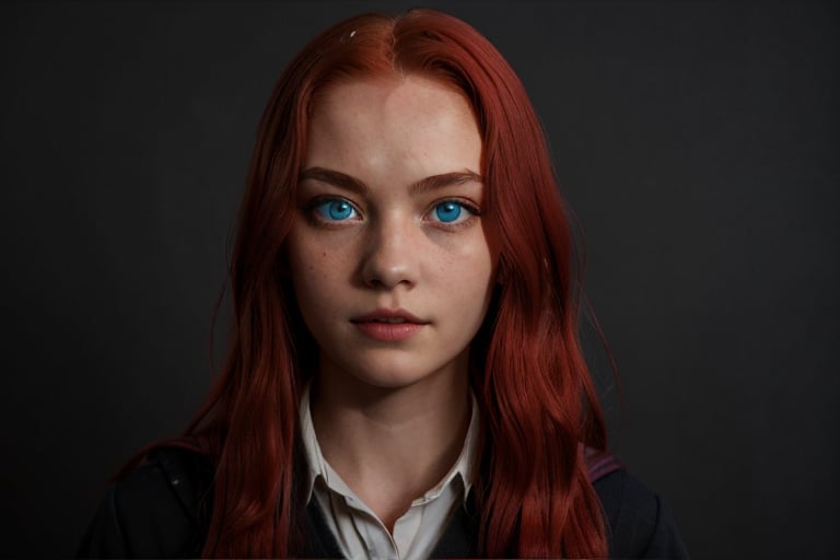 1girl, (girl:1.3), 16 years old, (long red hair:1.2) , (Blue eyes:1.2), solo focus, portrait, simple background, standing, 
(slytherin), hogrobe, black robe, skirt, masterpiece, best quality, extremely detailed, highly detailed face, beautiful detailed eyes