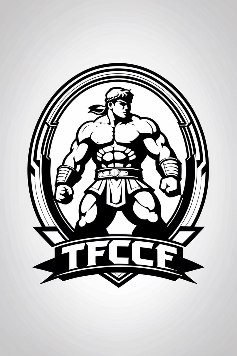 Create a logo with a minimalist black and white outline of a Roman colosseum. Inside, incorporate a small silhouette of a Street Fighter fighter standing atop the letters "TFC ARENA." Utilize clean lines to convey the essence of fighting game tournaments, capturing the intensity and spirit of competition.