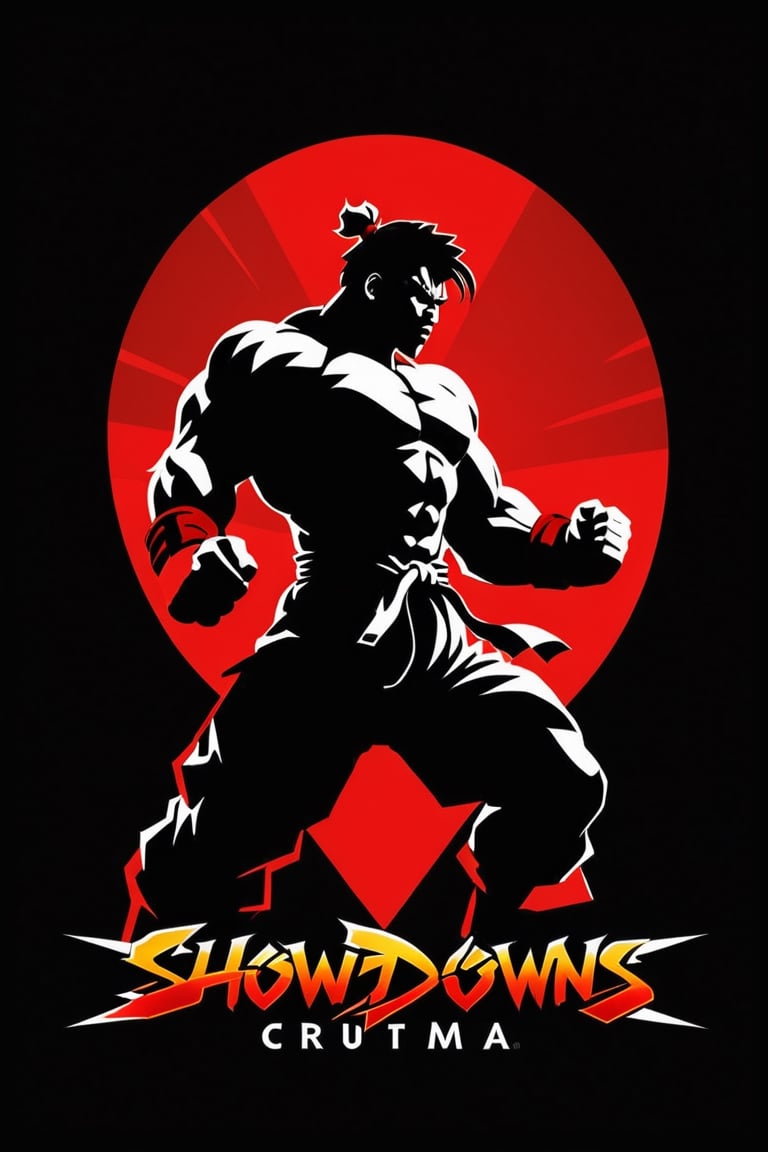  Design a simple yet dynamic logo featuring the outline of a fighting arena as the background shape. Incorporate the text "Showdowns Circuit Series" in a bold and clear font at the forefront. In the background, include the shadowed silhouette of akuma iconic pose from Street Fighter, capturing the essence of intense combat. 