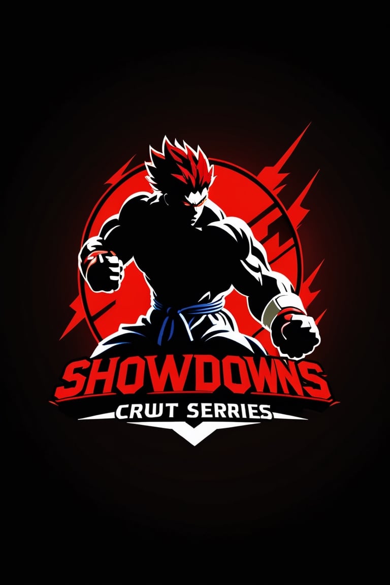  Design a simple yet dynamic logo featuring the outline of a fighting arena as the background shape. Incorporate the text "Showdowns Circuit Series" in a bold and clear font at the forefront. In the background, include the shadowed silhouette of akuma iconic pose from Street Fighter, capturing the essence of intense combat. 