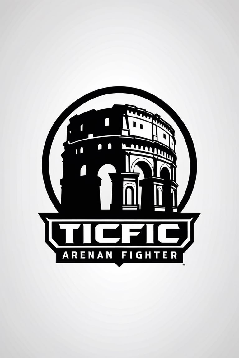 Create a logo with a minimalist black and white outline of a Roman colosseum. Inside, incorporate a small silhouette of a Street Fighter fighter standing atop the letters "TFC ARENA." Utilize clean lines to convey the essence of fighting game tournaments, capturing the intensity and spirit of competition.