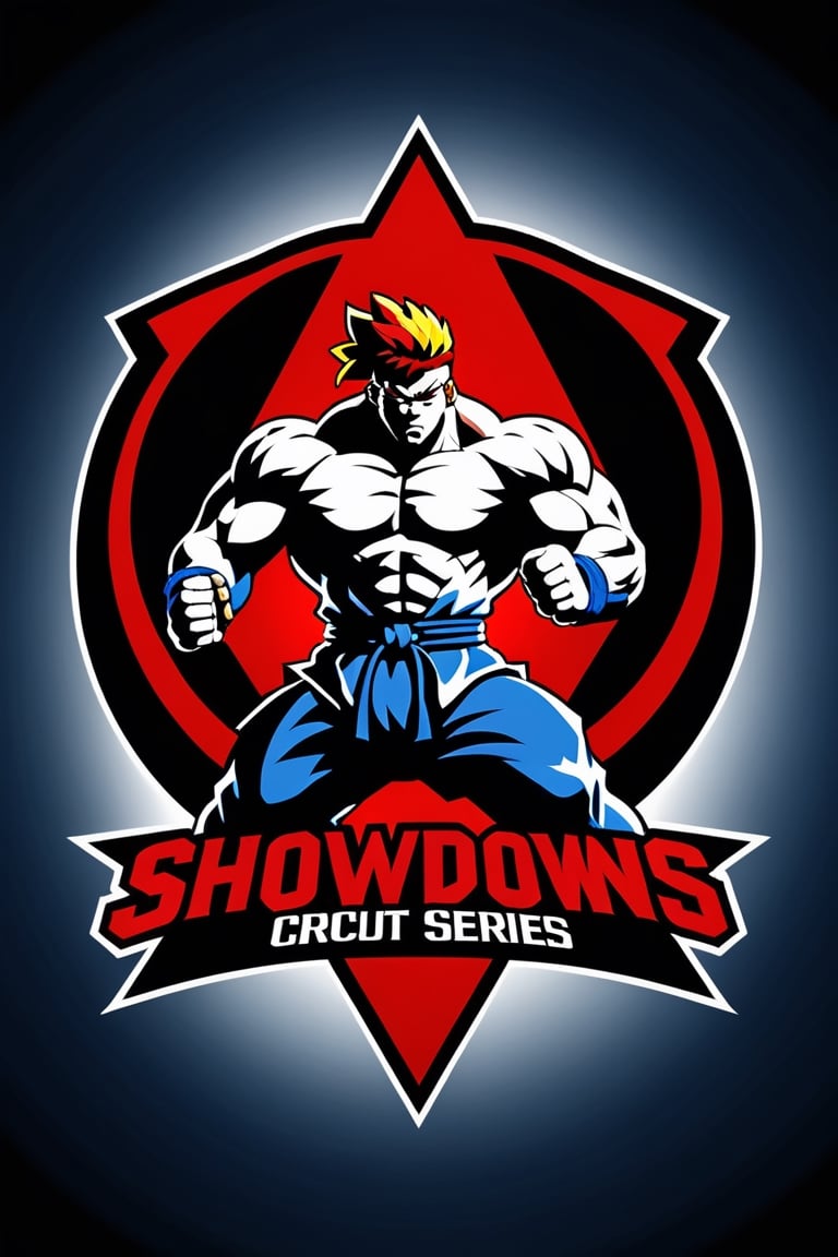  Design a simple yet dynamic logo featuring the outline of a fighting arena as the background shape. Incorporate the text "Showdowns Circuit Series" in a bold and clear font at the forefront. In the background, include the shadowed silhouette of akuma iconic pose from Street Fighter, capturing the essence of intense combat. 