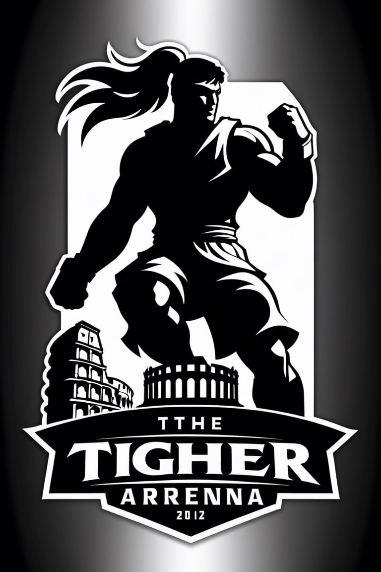 Design a logo featuring a simple black and white outline of a Roman colosseum, with the silhouette of a Street Fighter fighter standing prominently in the center. The fighter should be positioned atop the letters "TFC ARENA." Utilize clean lines to capture the essence of fighting game tournaments, showcasing the intensity and excitement of the battles.





