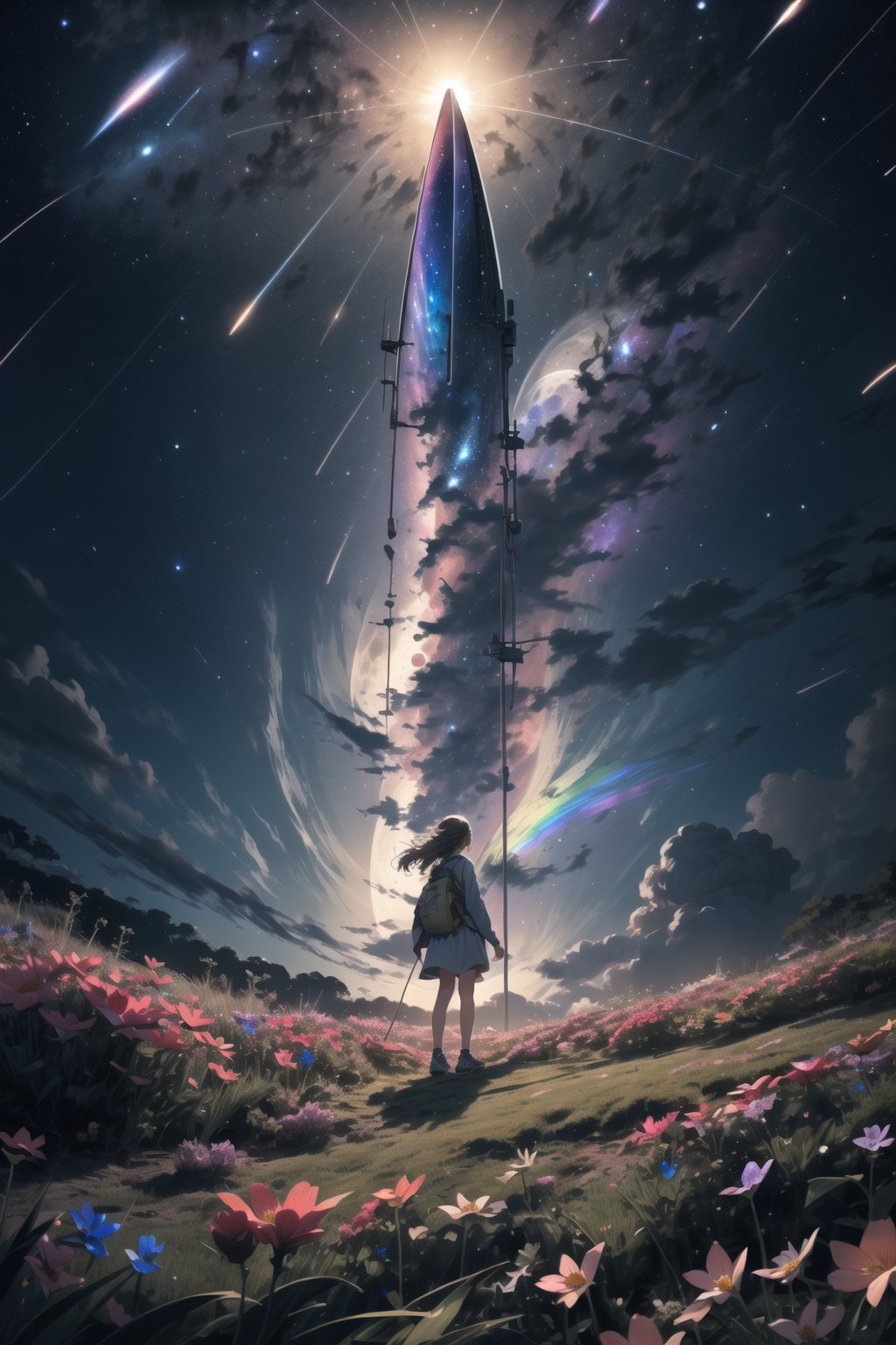 (bottom view), girl standing in a flower field looking up (full moon), (shooting stars), (nebula), sakura, (warm light source:), (Firefly), intricate details, volumetric lighting, (masterpiece), (best quality), 4k, ultra-detailed, (dynamic composition), highly detailed, colorful details, (rainbow colors), (glowing lighting, atmospheric lighting), dreamy, magical,