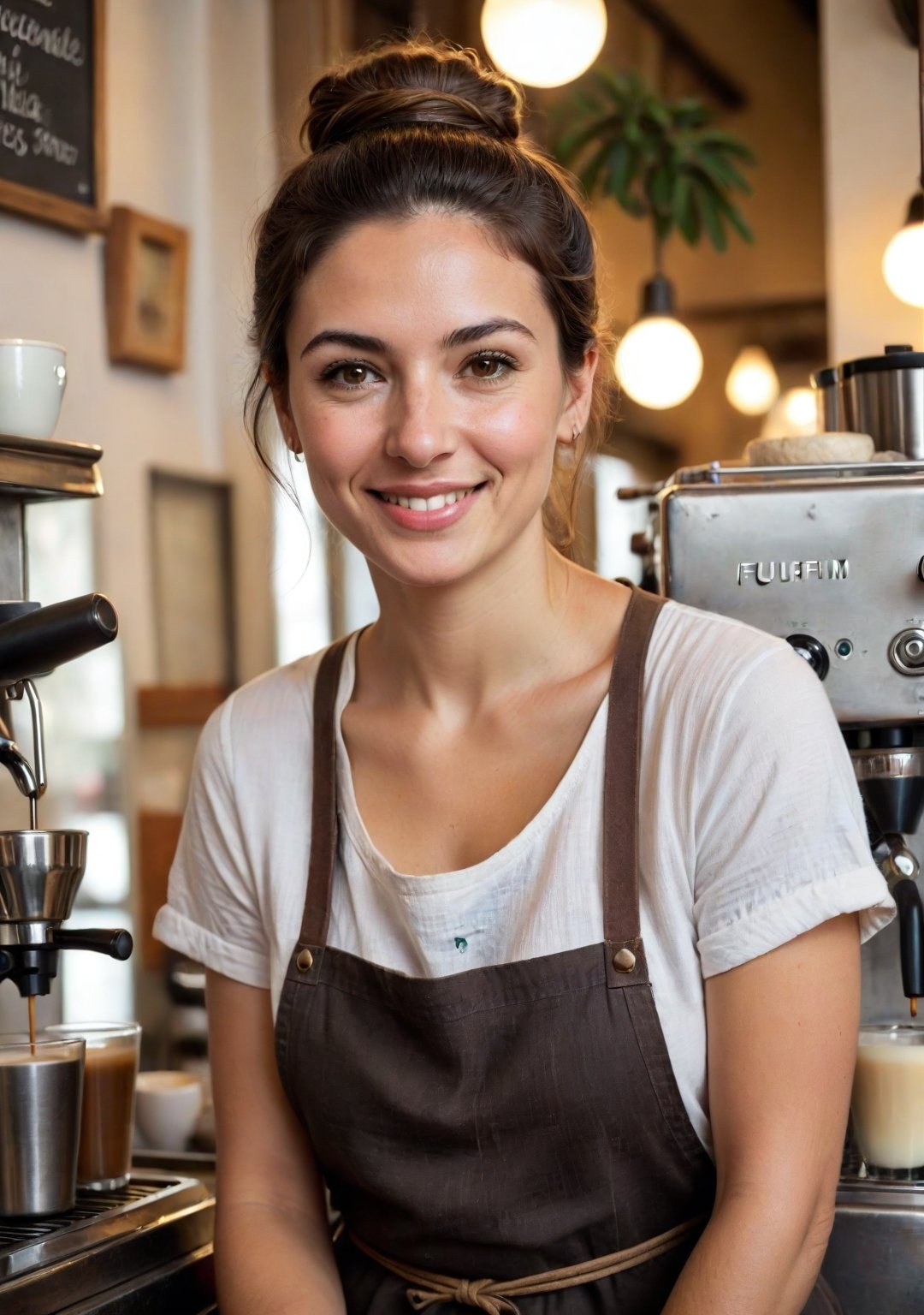 Coffee shop view of a Greek barista, 31 years old, combining artisanal coffee skills with a laid-back Mediterranean charm, with an olive-toned, expressive face that includes a pronounced underbite and a small, faded burn scar on her forehead, in a cozy Athens café. She's expertly operating an espresso machine, her movements fluid and skilled, her open smile engaging despite its dental uniqueness.

Her hair, a deep brunette with sun-kissed highlights, is styled in a loose, effortless chignon, occasionally falling into her eyes as she works. Her eyes, one marginally drooping, twinkle with warmth and hospitality, her uneven smile exuding friendliness.

She has a lean, nimble build, with slightly uneven hips that give her a distinctive sway when she moves. Wearing a (vintage-inspired apron) over a (simple, stylish tee) and (linen trousers), her attire is both practical for her job and fashionably casual. Her feet, in (well-worn leather loafers), glide across the café floor, her presence a charming mix of coffee expertise and welcoming, unassuming beauty.
(skin blemishes), 8k uhd, dslr, soft lighting, high quality, film grain, Fujifilm XT3, high quality photography, 3 point lighting, flash with softbox, 4k, Canon EOS R3, hdr, smooth, sharp focus, high resolution, award winning photo, 80mm, f2.8, bokeh, (Highest Quality, 4k, masterpiece, Amazing Details:1.1), film grain, Fujifilm XT3, photography,
(imperfect skin), detailed eyes, epic, dramatic, fantastical, full body, intricate design and details, dramatic lighting, hyperrealism, photorealistic, cinematic, 8k, detailed face. Extremely Realistic, art by sargent, PORTRAIT PHOTO, Aligned eyes, Iridescent Eyes, (blush, eye_wrinkles:0.6), (goosebumps:0.5), subsurface scattering, ((skin pores)), (detailed skin texture), (( textured skin)), realistic dull (skin noise), visible skin detail, skin fuzz, dry skin, hyperdetailed face, sharp picture, sharp detailed, (((analog grainy photo vintage))), Rembrandt lighting, ultra focus, illuminated face, detailed face, 8k resolution
,photo r3al,Extremely Realistic,aw0k euphoric style,PORTRAIT PHOTO,Enhanced Reality
