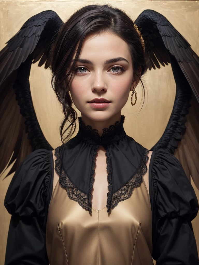 image is an oil painting on canvas depicting a portrait of a young woman with a (neutral expression). She has (dark hair) adorned with what appears to be a (black bird) with its wings spread. Her skin is pale, highlighted with touches of gold and brown, which match the (golden-brown textured background) that has an abstract quality. The woman's eyes are large and soulful, gazing directly at the viewer. She is wearing a (black top) with a (lace collar). The painting has a rustic yet elegant feel, with expressive brushstrokes and visible canvas texture that add to the artistry of the work. steampunk, gothic portrait