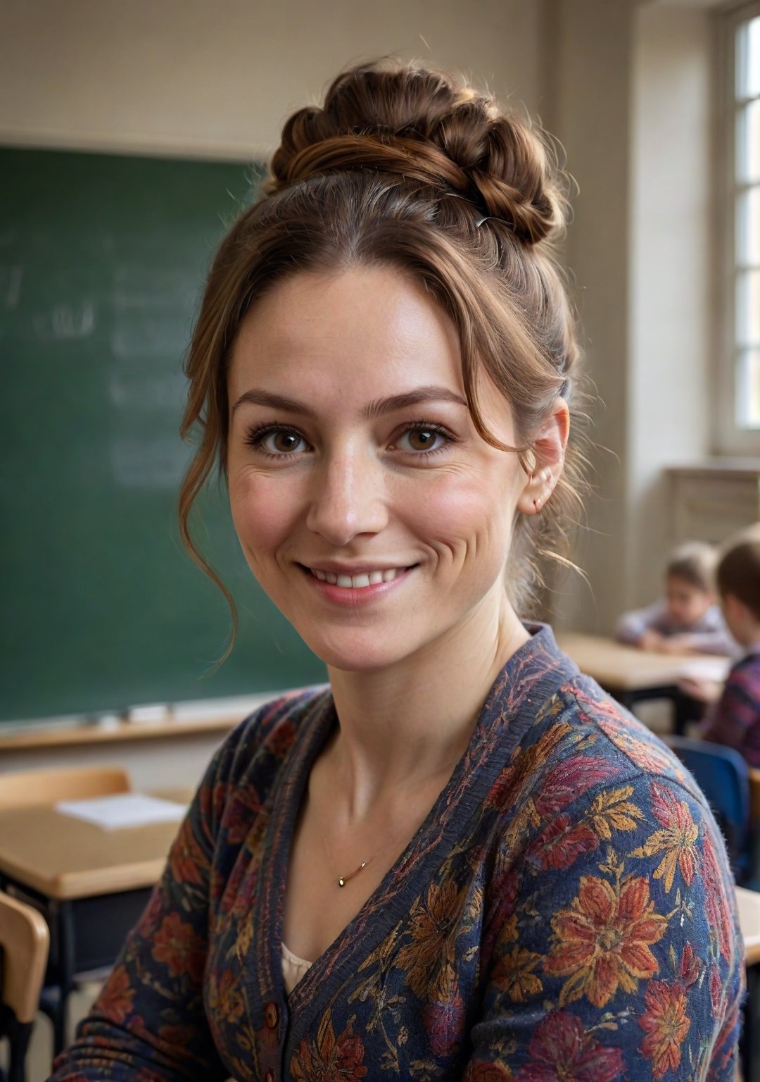 Elementary school view of a British teacher, 34 years old, embodying a nurturing spirit and educational dedication, with a petite, slightly rounded build, and a friendly face that includes a noticeable squint in one eye, in a vibrant London classroom. She's conducting a lesson, her gestures animated and inclusive, her smile gentle yet slightly crooked, engaging her young students.

Her hair, a bun of unruly auburn locks, is both practical and whimsically messy, fitting for her creative teaching style. Her eyes, one squinting more than the other, sparkle with enthusiasm and kindness, her uneven smile warm and encouraging.

She wears a (comfortable, patterned dress) and a (colorful cardigan), her style cheerful and relatable. Her feet, in (sensible, flat shoes), move gracefully around the classroom, her presence a blend of educational passion and a nurturing, inclusive approach.
(skin blemishes), 8k uhd, dslr, soft lighting, high quality, film grain, Fujifilm XT3, high quality photography, 3 point lighting, flash with softbox, 4k, Canon EOS R3, hdr, smooth, sharp focus, high resolution, award winning photo, 80mm, f2.8, bokeh, (Highest Quality, 4k, masterpiece, Amazing Details:1.1), film grain, Fujifilm XT3, photography,
(imperfect skin), detailed eyes, epic, dramatic, fantastical, full body, intricate design and details, dramatic lighting, hyperrealism, photorealistic, cinematic, 8k, detailed face. Extremely Realistic, art by sargent, PORTRAIT PHOTO, Aligned eyes, Iridescent Eyes, (blush, eye_wrinkles:0.6), (goosebumps:0.5), subsurface scattering, ((skin pores)), (detailed skin texture), (( textured skin)), realistic dull (skin noise), visible skin detail, skin fuzz, dry skin, hyperdetailed face, sharp picture, sharp detailed, (((analog grainy photo vintage))), Rembrandt lighting, ultra focus, illuminated face, detailed face, 8k resolution
,photo r3al,Extremely Realistic,aw0k euphoric style,PORTRAIT PHOTO,Enhanced Reality