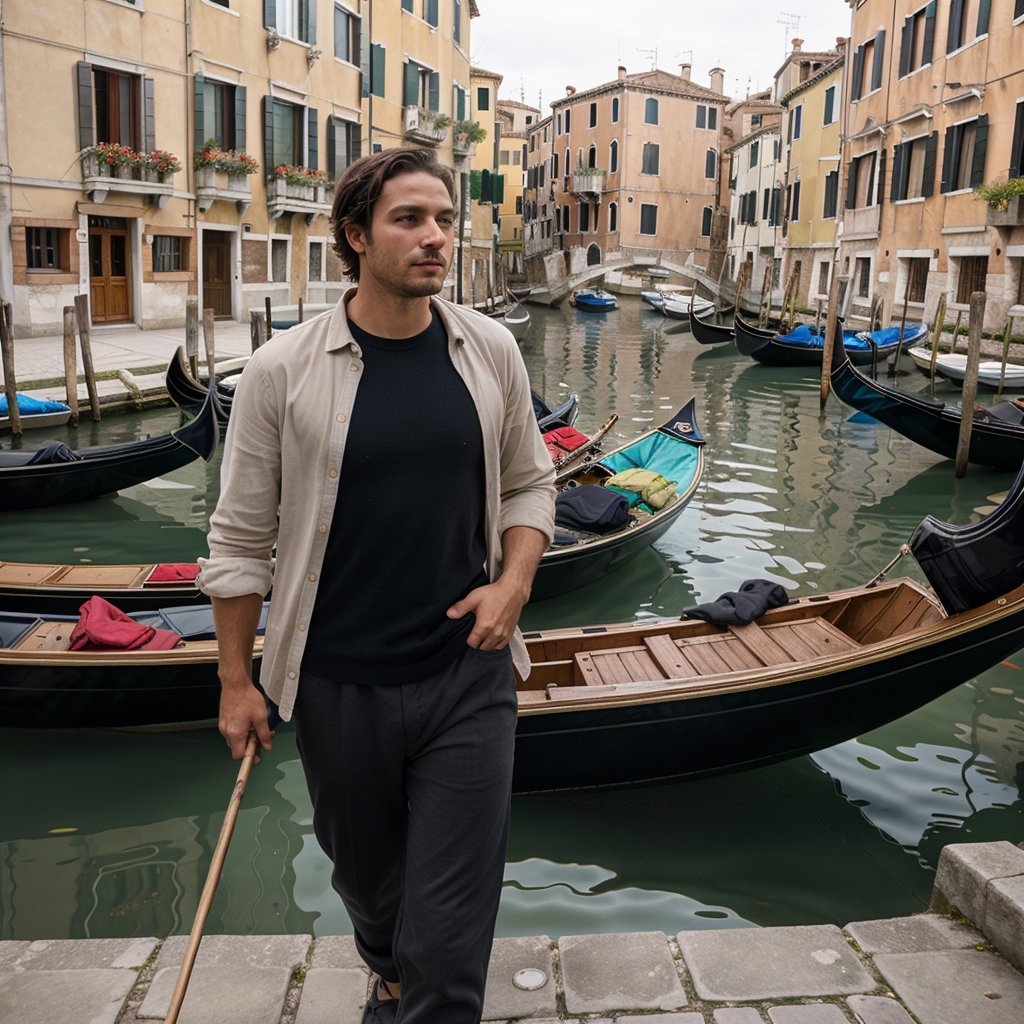 Venice gondola view, capturing a fleeting moment with a 32-year-old Venetian gondolier, epitomizing the romance and charm of the city. He has a robust build, and his distinctive, sun-tanned face is marked by a small, healed cut on his lip, adding to his rugged appeal. Gliding along a narrow canal near the Rialto Bridge, he skillfully navigates the gondola, his focus on the waterway, unaware of the camera capturing this serene scene.

His hair, dark and slightly wavy, is typical of a man who spends his days outdoors, lending him a natural, approachable look. As he stands at the stern, guiding the gondola, his profile shows a moment of attentive navigation, his lips parted in a soft whistle, his gaze never meeting the camera's lens.

He's dressed in a (traditional striped shirt) and (dark, casual trousers), the quintessential attire of a gondolier. His feet, in (well-worn, practical shoes), are firmly positioned on the gondola, his stance steady as he provides a memorable experience through Venice's iconic canals., detailed fingers, 4k, HD, high quality, extremely detailed . RAW photo, 8k uhd, dslr, high quality, film grain, Fujifilm XT3 , detailed (wrinkles, blemishes, folds, moles, viens, pores, skin imperfections:1.1)  dark studio, rim lighting, two tone lighting, dimly lit, low key