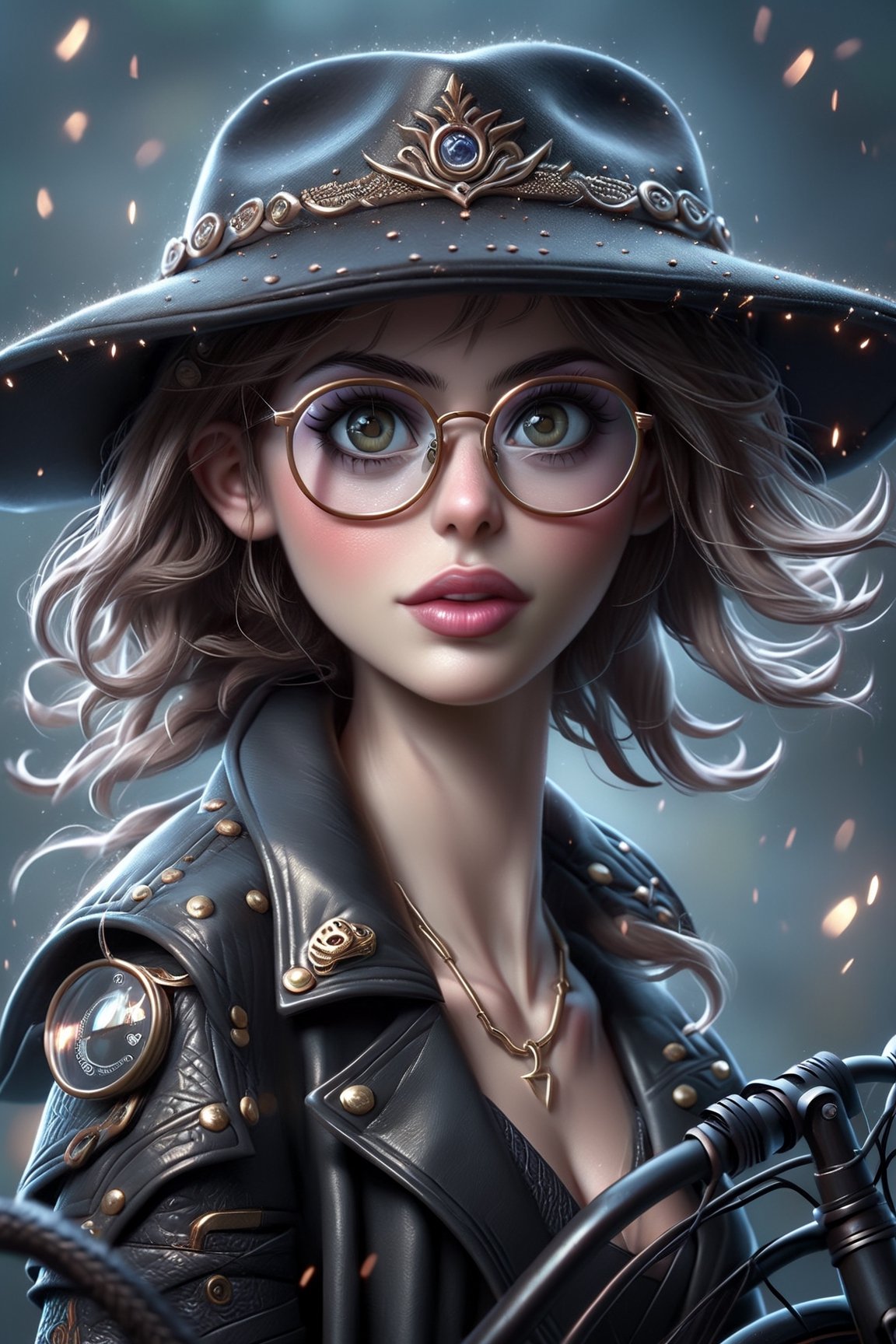 Alluring and hot female, big and perfect eyes, thin and slightly upturned nose, appealing full lips, flirting. Glasses, hat, leather bike jacket. Trending on Artstation, sharp focus, studio photo, intricate details, highly detailed, sparks, octane render, 64k, photorealistic concept art, soft natural light, chiaroscuro, masterpiece.,Decora_SWstyle