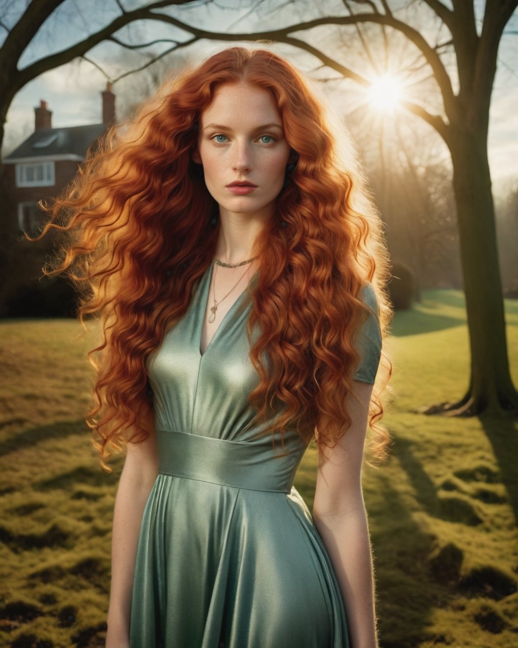 beautiful 23-year-old woman with very long red wavy hair, elegant dress, photo by David LaChapelle, amber and green, volumetric lighting, outdoors, half body photography, cloudy winter, realistic, photorealistic, afternoon, highly detailed, 4k resolution, high definition, by Saul Leiter,PORTRAIT PHOTO