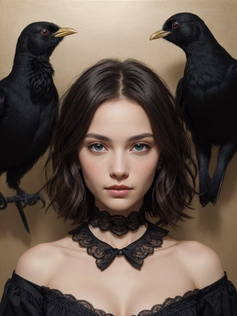 image is an oil painting on canvas depicting a portrait of a young woman with a (neutral expression). She has (dark hair) adorned with what appears to be a (black bird) with its wings spread. Her skin is pale, highlighted with touches of gold and brown, which match the (golden-brown textured background) that has an abstract quality. The woman's eyes are large and soulful, gazing directly at the viewer. She is wearing a (black top) with a (lace collar). The painting has a rustic yet elegant feel, with expressive brushstrokes and visible canvas texture that add to the artistry of the work. steampunk, gothic portrait