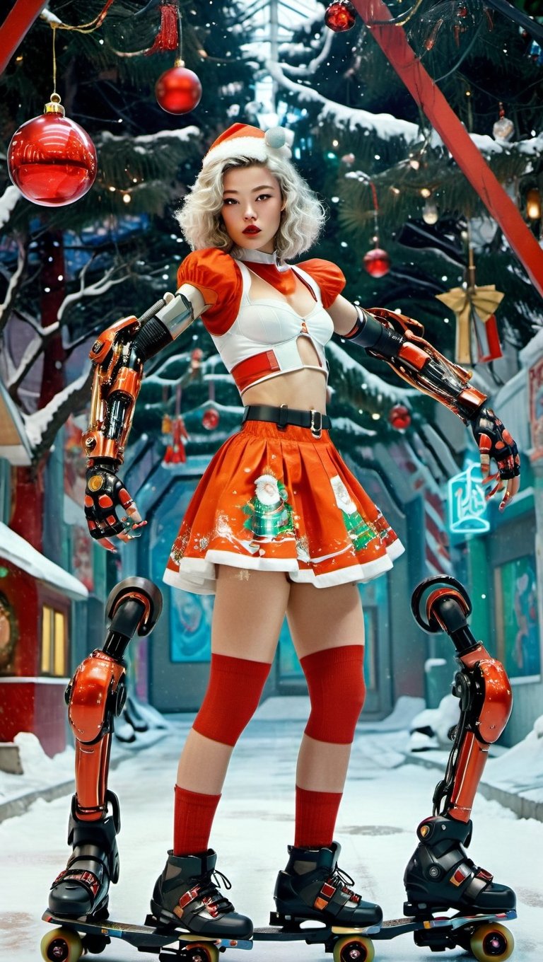 photograph, full body, wide shot, she is feeling lustful, she has (Natural Bio Mechanical arms and large legs:1.55) , key visual, F/5, Pin-up, Concept art, Cathode tube, Hopeful, poster art, Grunge Art, side light, Kodak Portra 160, (Cyborg 46 Santa girl:1.3) driving a Rollerblades, she is dressed in Sci-fi christmas themed, It looks Baroque on her, her hair is Gray, Victo Ngai, Depressing, Dense, broad lighting, detailed mystical face, detailed beautiful eyes, detailed eye pupils, complex electric christmas background, christmas