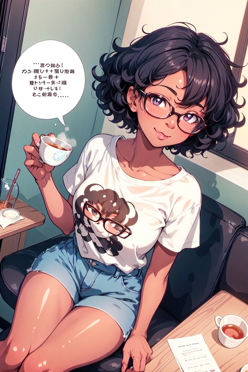 1 girl, black american with short curly hair, graphic tee, at home drinking tea, cute big glasses, view from above, naked/nude, toned legs, happy, cute, anime style, good proportions, seducing eyes, blushing, text bubbles, seductive, looking up at viewer