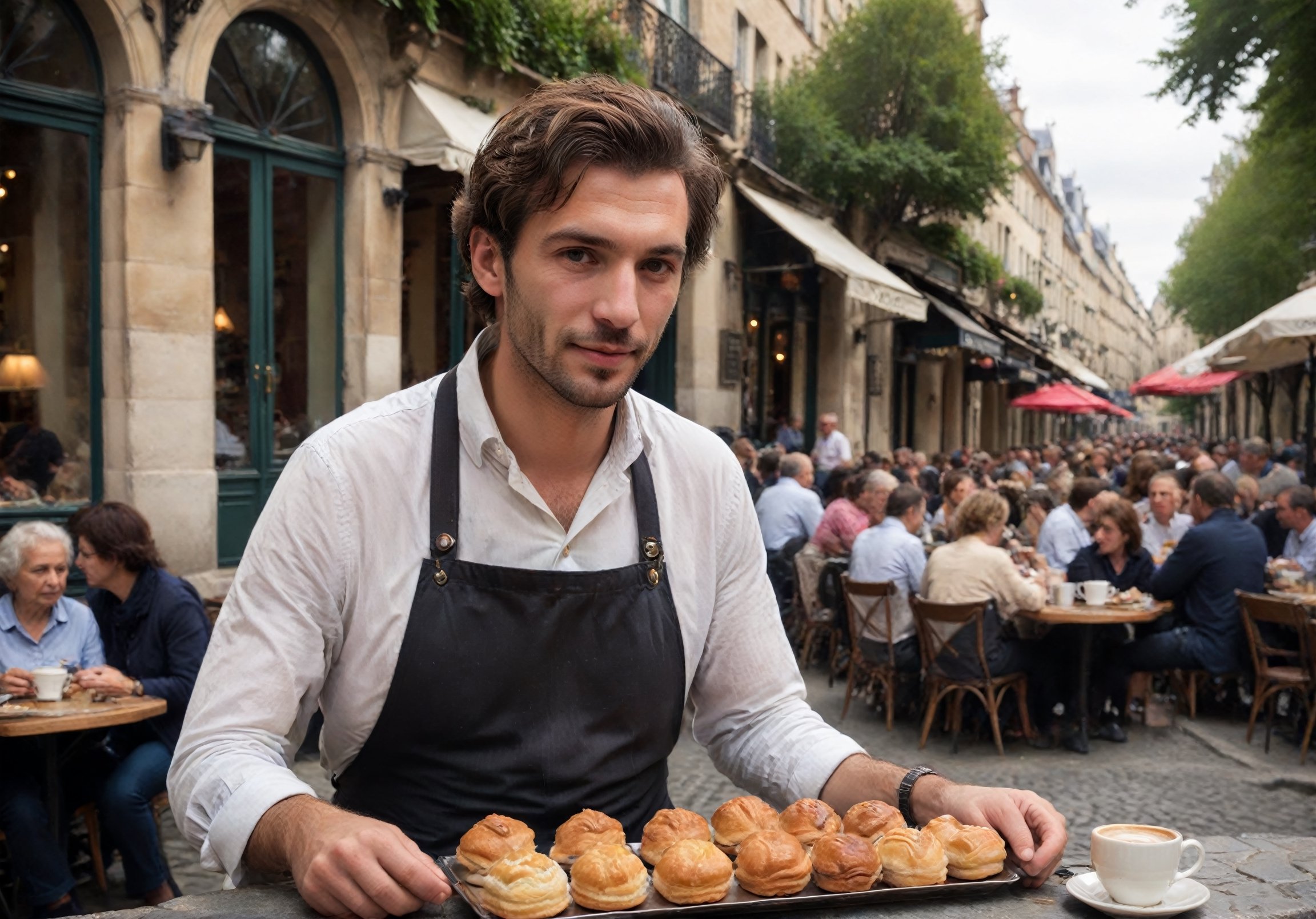 ((wide, establishing shot)) 
Streetside café view in Paris, capturing a moment with a 30-year-old Parisian waiter, known for his charm and efficiency. He has a lean build, and a distinctive, angular jawline that adds character to his friendly demeanor. In a bustling area near Notre-Dame, he's briskly moving between tables, balancing a tray of coffee and pastries, his focus on providing prompt service, unaware of the camera capturing this lively scene.His hair, a tousled, sandy brown, gives him a casual yet stylish look, appropriate for the chic café setting. As he leans down to serve a table, his profile shows a moment of concentration, his angular jaw set, a natural, unforced smile for his customers, never meeting the camera's lens.He's dressed in a (crisp, striped apron) over a (light, button-up shirt) and (slim-fitting trousers), epitomizing the effortless Parisian style. His feet, in (polished, comfortable shoes), move swiftly across the cobblestones, his presence a lively embodiment of the city's vibrant café culture.

(skin blemishes), 8k uhd, dslr, soft lighting, high quality, film grain, Fujifilm XT3, high quality photography, 3 point lighting, flash with softbox, 4k, Canon EOS R3, hdr, smooth, sharp focus, high resolution, award winning photo, 80mm, f2.8, bokeh, (Highest Quality, 4k, masterpiece, Amazing Details:1.1), film grain, Fujifilm XT3, photography,
(imperfect skin), detailed eyes, epic, dramatic, fantastical, full body, intricate design and details, dramatic lighting, hyperrealism, photorealistic, cinematic, 8k, detailed face. Extremely Realistic, art by sargent, PORTRAIT PHOTO, Aligned eyes, Iridescent Eyes, (blush, eye_wrinkles:0.6), (goosebumps:0.5), subsurface scattering, ((skin pores)), (detailed skin texture), (( textured skin)), realistic dull (skin noise), visible skin detail, skin fuzz, dry skin, hyperdetailed face, sharp picture, sharp detailed, (((analog grainy photo vintage))), Rembrandt lighting, ultra focus, illuminated face, detailed face, 8k resolution
,photo r3al,Extremely Realistic,aw0k euphoric style,PORTRAIT PHOTO,Enhanced Reality,analog,1girl,more detail XL