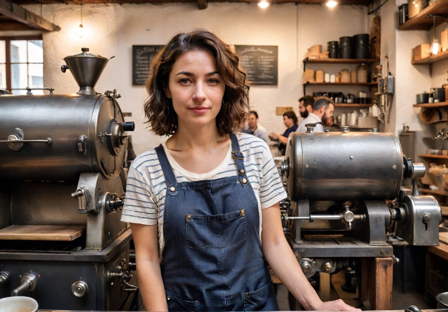 ((wide, establishing shot))  
Coffee roastery view in an artisanal shop, with a 29-year-old Italian roaster known for her deep knowledge of coffee and a warmly engaging nature. She has a petite build, and her slightly crooked nose adds character to her animated face. In a cozy roastery in Rome, she's seen in the background, operating the roasting machine, her movements precise and practiced.

Her hair, a shoulder-length wavy bob, is tucked behind her ears, practical for her work around the machinery. As she adjusts the controls, her profile shows a deep focus, her eyes bright and lively under a small, old scar on her brow, her mouth moving animatedly as she explains the process to a visitor, revealing a slightly uneven smile.

She's wearing a (stained apron) over a (striped cotton shirt) and (rolled-up jeans), a blend of functionality and casual style. Her feet, in (comfortable, worn loafers), are partially visible as she stands by the roaster, her presence indicative of passion and expertise in the art of coffee roasting.

(skin blemishes), 8k uhd, dslr, soft lighting, high quality, film grain, Fujifilm XT3, high quality photography, 3 point lighting, flash with softbox, 4k, Canon EOS R3, hdr, smooth, sharp focus, high resolution, award winning photo, 80mm, f2.8, bokeh, (Highest Quality, 4k, masterpiece, Amazing Details:1.1), film grain, Fujifilm XT3, photography,
(imperfect skin), detailed eyes, epic, dramatic, fantastical, full body, intricate design and details, dramatic lighting, hyperrealism, photorealistic, cinematic, 8k, detailed face. Extremely Realistic, art by sargent, PORTRAIT PHOTO, Aligned eyes, Iridescent Eyes, (blush, eye_wrinkles:0.6), (goosebumps:0.5), subsurface scattering, ((skin pores)), (detailed skin texture), (( textured skin)), realistic dull (skin noise), visible skin detail, skin fuzz, dry skin, hyperdetailed face, sharp picture, sharp detailed, (((analog grainy photo vintage))), Rembrandt lighting, ultra focus, illuminated face, detailed face, 8k resolution
,photo r3al,Extremely Realistic,aw0k euphoric style,PORTRAIT PHOTO,Enhanced Reality,analog