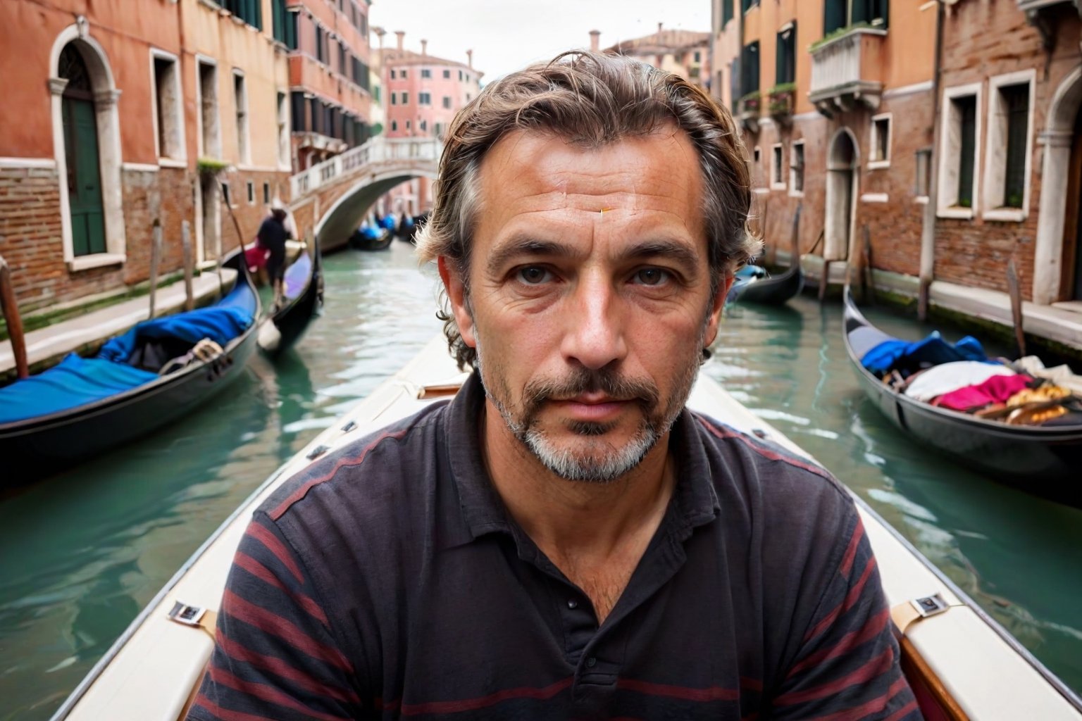 Venice gondola view, capturing a fleeting moment with a 32-year-old Venetian gondolier, epitomizing the romance and charm of the city. He has a robust build, and his distinctive, sun-tanned face is marked by a small, healed cut on his lip, adding to his rugged appeal. Gliding along a narrow canal near the Rialto Bridge, he skillfully navigates the gondola, his focus on the waterway, unaware of the camera capturing this serene scene.

His hair, dark and slightly wavy, is typical of a man who spends his days outdoors, lending him a natural, approachable look. As he stands at the stern, guiding the gondola, his profile shows a moment of attentive navigation, his lips parted in a soft whistle, his gaze never meeting the camera's lens.

He's dressed in a (traditional striped shirt) and (dark, casual trousers), the quintessential attire of a gondolier. His feet, in (well-worn, practical shoes), are firmly positioned on the gondola, his stance steady as he provides a memorable experience through Venice's iconic canals., late afternoon in August. detailed fingers, 4k, HD, high quality, extremely detailed . RAW photo, 8k uhd, dslr, high quality, film grain, Fujifilm XT3 , detailed (wrinkles, blemishes, folds, moles, viens, pores, skin imperfections:1.1)  dark studio, rim lighting, two tone lighting, dimly lit, low key.
(skin blemishes), 8k uhd, dslr, soft lighting, high quality, film grain, Fujifilm XT3, high quality photography, 3 point lighting, flash with softbox, 4k, Canon EOS R3, hdr, smooth, sharp focus, high resolution, award winning photo, 80mm, f2.8, bokeh, (Highest Quality, 4k, masterpiece, Amazing Details:1.1), film grain, Fujifilm XT3, photography,
(imperfect skin), detailed eyes, epic, dramatic, fantastical, full body, intricate design and details, dramatic lighting, hyperrealism, photorealistic, cinematic, 8k, detailed face. Extremely Realistic, art by sargent, PORTRAIT PHOTO, Aligned eyes, Iridescent Eyes, (blush, eye_wrinkles:0.6), (goosebumps:0.5), subsurface scattering, ((skin pores)), (detailed skin texture), (( textured skin)), realistic dull (skin noise), visible skin detail, skin fuzz, dry skin, hyperdetailed face, sharp picture, sharp detailed, (((analog grainy photo vintage))), Rembrandt lighting, ultra focus, illuminated face, detailed face, 8k resolution
,photo r3al,Extremely Realistic,aw0k euphoric style,PORTRAIT PHOTO,Enhanced Reality,PHOTO