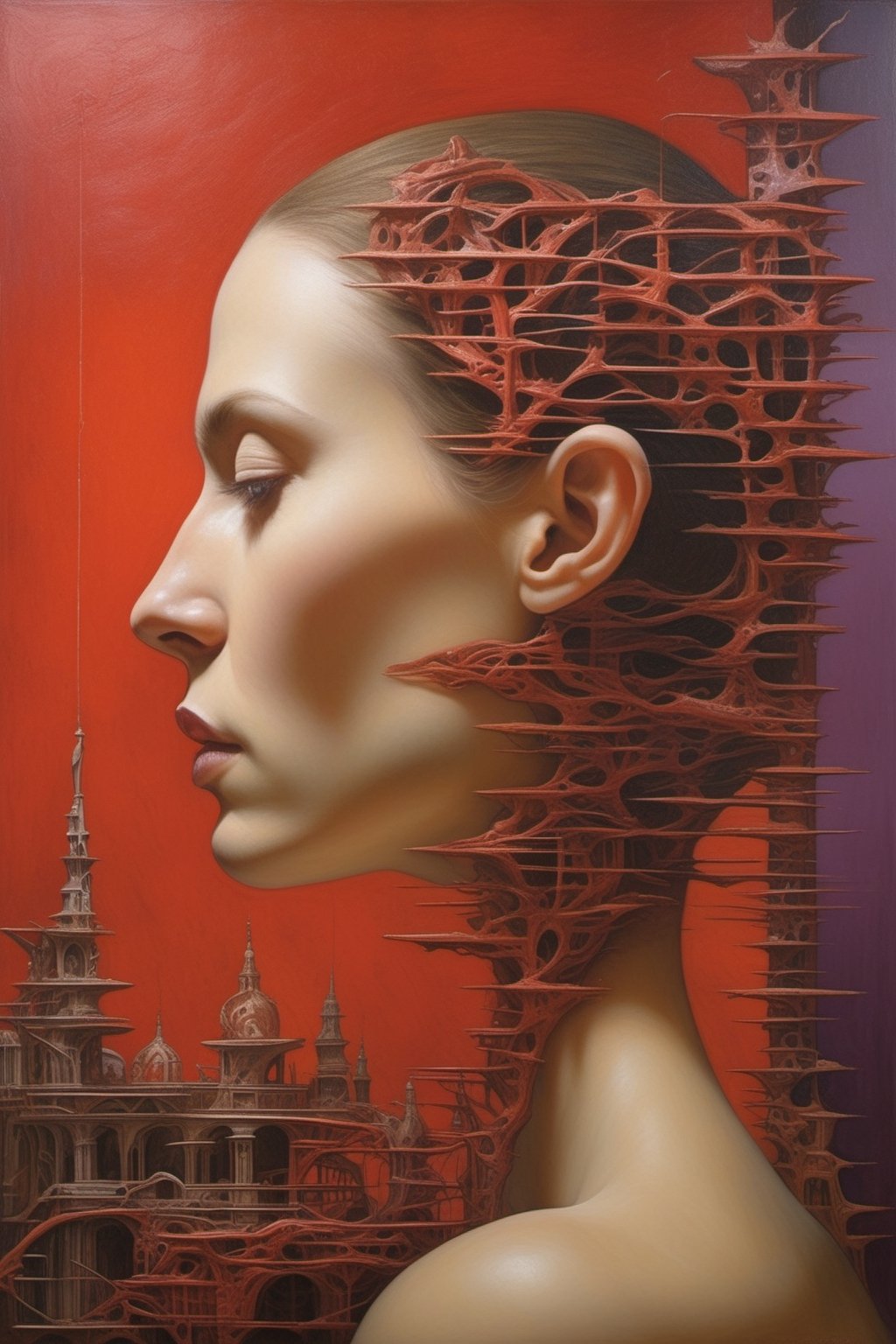 
a painting that features the profile of a human head, sectioned to reveal a complex interior structure. The head, which seems to be a fusion of organic and concrete elements, has an open segment showing the interior of the building. resembles the interior of a grand yet desolate architectural space, possibly an abandoned futuristic temple or assembly. serene grace and dystopian complexity, inspired by Escher's paradoxical art and Gric's hyperrealistic style (gric style:1.15).  The model, positioned at the heart of this juxtaposition, wears an outfit that captures the ethereal beauty of serene dreams while echoing the sinuous lines of a nightmarish landscape. The surrounding foliage is lush yet ghostly, alive with a mix of tranquil and unsettling energies. The lighting, a blend of soft, ambient twilight and subtle, uncanny glows, casts the face in a light that is both tranquil and haunting. The expression captures a profound contemplation, an otherworldly elegance touched by a sense of dark, macabre beauty. This portrait, embodying both peaceful serenity and dark allure, plays with perspective and fluidity, contrasting the structured complexity of fashion with the effortless, albeit eerie, grace of nature. The color palette, rich in dark purples and varying shades of red, adds depth and intensity to this hyperrealistic
PORTRAIT PHOTO,stalker, very specific pose ,Gric, Aligned eyes,  Iridescent Eyes,  (blush,  eye_wrinkles:0.6),  (((textured skin))), (goosebumps:0.5),  subsurface scattering,  ((skin pores)),  (detailed skin texture),  (( textured skin)),  realistic dull (skin noise),  visible skin detail,  skin fuzz,  dry skin,  hyperdetailed face,  sharp picture,  sharp detailed,  (((analog grainy photo vintage))),  Rembrandt lighting,  ultra focus,  illuminated face,  detailed face,  8k resolution,