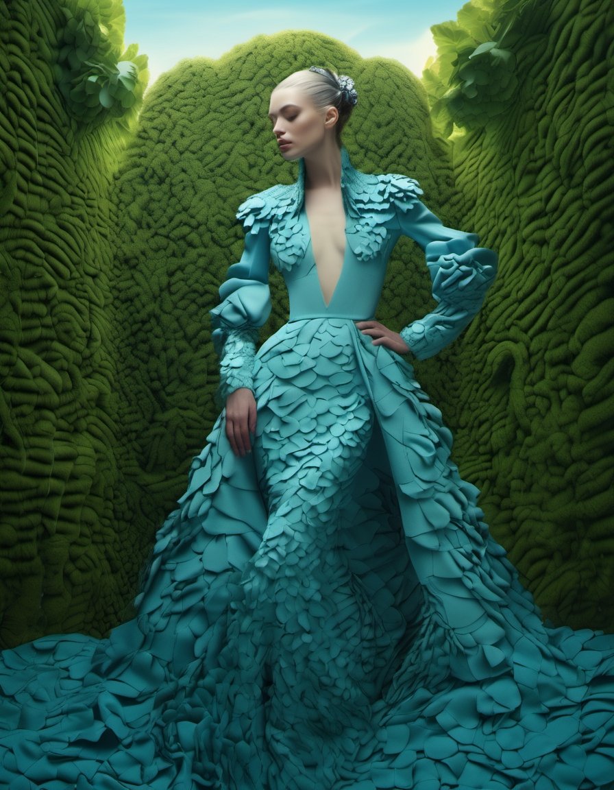 Fluid organic patterns, surreal dreamscape, harmonious illusions, soothing azure curves, high fashion in serenity, Escher-inspired flow of fabrics, enchanting gardens bathed in soft twilight hues, focus on the face, ethereal, (gric style:1.15), hyperrealistic, Gric. In this vision, the model's attire seamlessly blends with a background of lush, dreamlike foliage, creating a serene and almost mystical atmosphere. The scene, inspired by the paradoxical art of M.C. Escher, plays with perspective and fluidity, contrasting the structured complexity of fashion with the effortless grace of nature. Soft, ambient lighting highlights the face, capturing a look of tranquil contemplation, while the surroundings evoke a sense of peaceful, otherworldly macabre beauty, ,(gric style:1.15),hyperrealistic,Gric