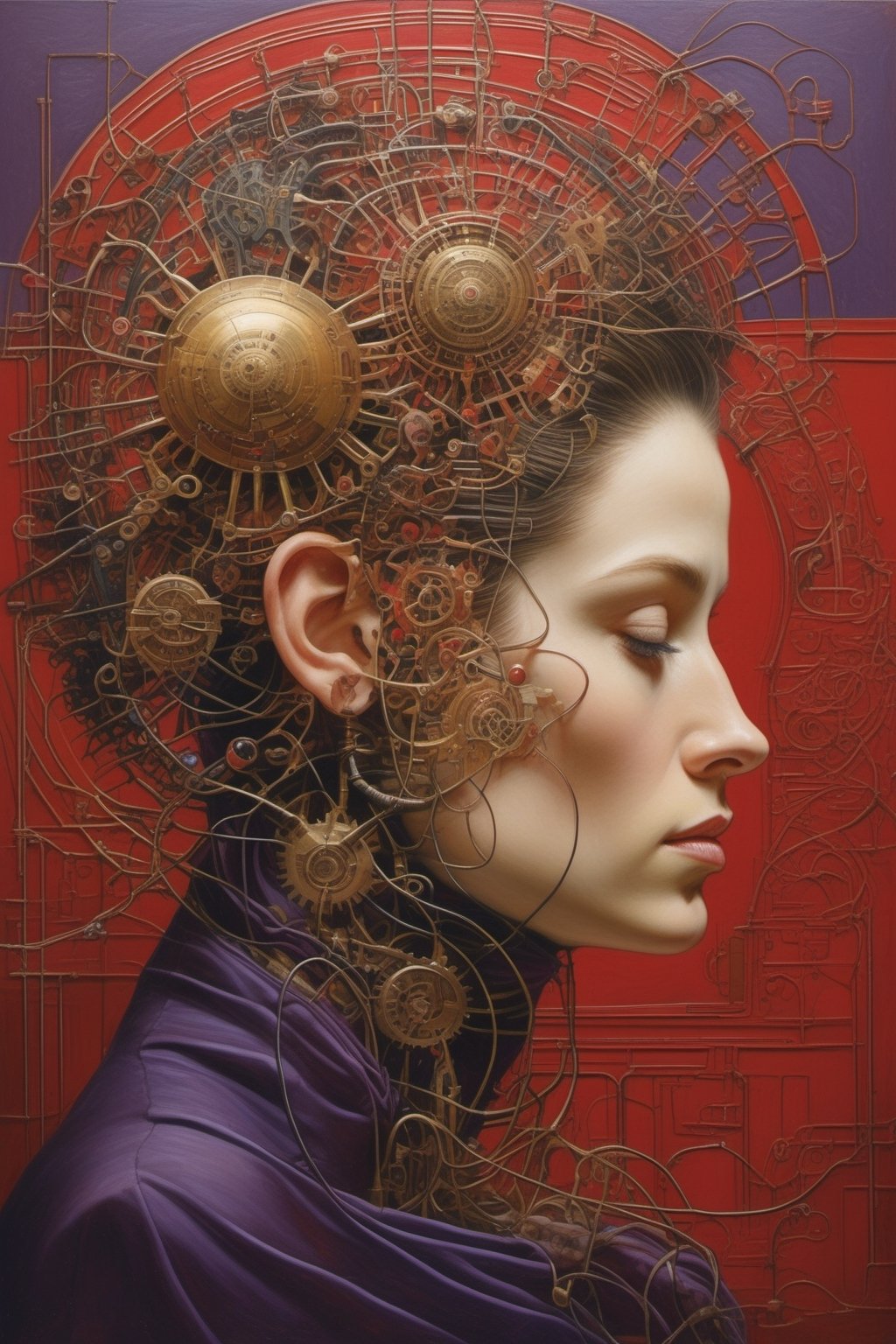 
a painting that features the profile of a human head, sectioned to reveal a complex interior structure. The head, which seems to be a fusion of organic and mechanical elements, has an open segment filled with an intricate lattice of wires, gears, and other mechanical components, resembling an elaborate machine or complex circuitry..
The scene presents a head encased in a spherical structure bristling with mechanical details. Wires or tubes extend from the head to the surrounding space, which resembles the interior of a grand yet desolate architectural space, possibly an abandoned futuristic temple or assembly. serene grace and dystopian complexity, inspired by Escher's paradoxical art and Gric's hyperrealistic style (gric style:1.15). The attire, flowing with Escher-inspired fabrics, shifts between soothing azure and ominous dark purples, accented with deep tones of red. This scene unfolds in a mystical garden that merges enchanting twilight hues with an eerie, moonlit forest ambiance. The model, positioned at the heart of this juxtaposition, wears an outfit that captures the ethereal beauty of serene dreams while echoing the sinuous lines of a nightmarish landscape. The surrounding foliage is lush yet ghostly, alive with a mix of tranquil and unsettling energies. The lighting, a blend of soft, ambient twilight and subtle, uncanny glows, casts the face in a light that is both tranquil and haunting. The expression captures a profound contemplation, an otherworldly elegance touched by a sense of dark, macabre beauty. This portrait, embodying both peaceful serenity and dark allure, plays with perspective and fluidity, contrasting the structured complexity of fashion with the effortless, albeit eerie, grace of nature. The color palette, rich in dark purples and varying shades of red, adds depth and intensity to this hyperrealistic
PORTRAIT PHOTO,stalker, very specific pose ,Gric, Aligned eyes,  Iridescent Eyes,  (blush,  eye_wrinkles:0.6),  (((textured skin))), (goosebumps:0.5),  subsurface scattering,  ((skin pores)),  (detailed skin texture),  (( textured skin)),  realistic dull (skin noise),  visible skin detail,  skin fuzz,  dry skin,  hyperdetailed face,  sharp picture,  sharp detailed,  (((analog grainy photo vintage))),  Rembrandt lighting,  ultra focus,  illuminated face,  detailed face,  8k resolution,