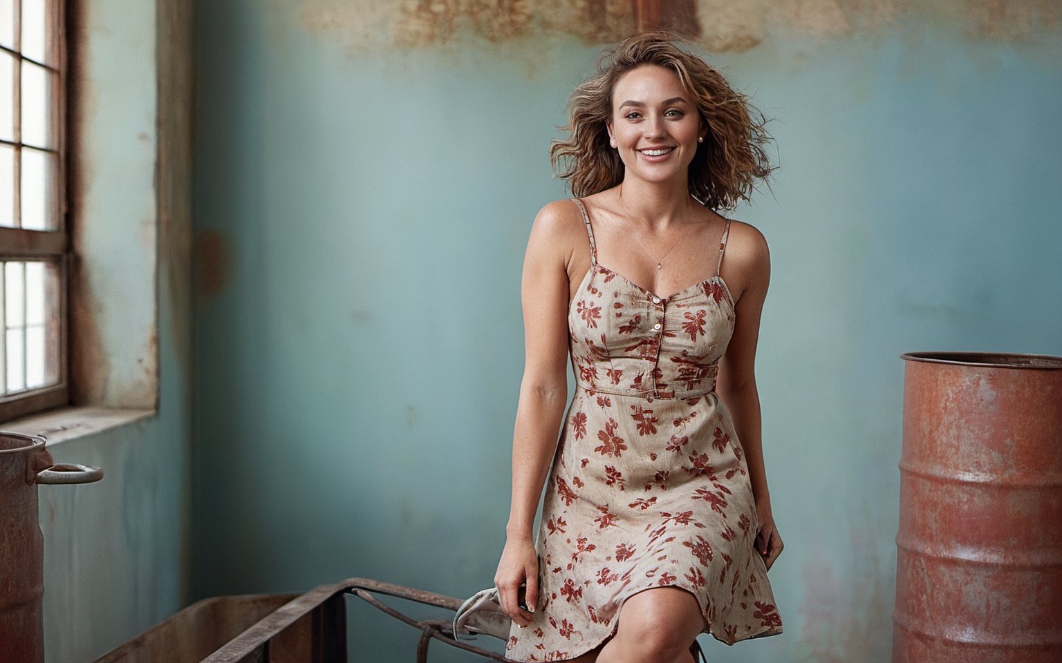 (wide shot), (long shot ),  ((full body)) 
{25 yo female}, wavy short bob, light olive skin, sea-blue eyes, (copper eyeshadow), wearing (sundress with a red floral pattern), joyful laugh. Inside an old abandoned factory with a lot of old machines, tools, textured walls showing signs of wear and age, cracked and peeled paint, rust marks. 

Her messy hair, wavy , black,  frames her face enhancing her overall charm. 

She's got a (slender figure) and (fantastic legs). Wearing a short dress which accentuates her figure and great legs. (Leather black shoes). (((Shown full length)))

Low camera shot. (frog perspective shot) In summary,  this image captures the essence of inviting and stylish beauty. film grain. grainy. Sony A7III. photo r3al, 
,PORTRAIT PHOTO,
iridescent Eyes, (blush, eye_wrinkles:0.6), (goosebumps:0.5), subsurface scattering, imperfect skin, skin blemishes, ((skin pores)), detailed skin texture, textured skin, realistic dull skin noise, visible skin detail, skin fuzz, dry skin, hyperdetailed face, sharp picture, sharp detailed, 
analog very grainy photo vintage, Rembrandt lighting, ultra focus, illuminated face, detailed face, 8k resolution, painted, dry brush, brush strokes, sharp focus,more saturation 