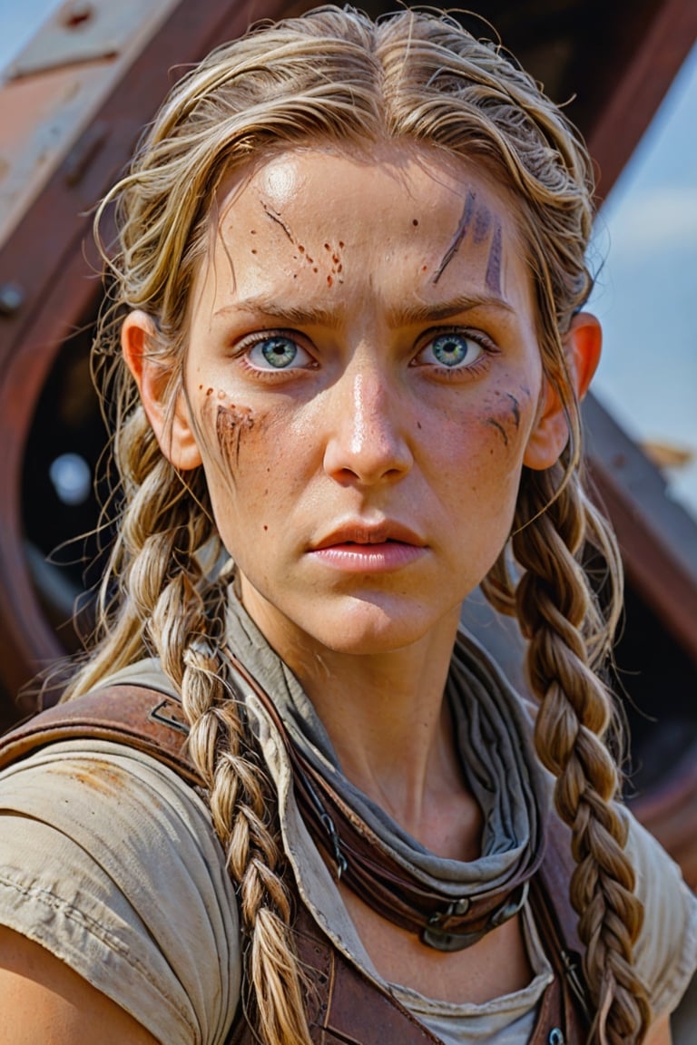 Beautiful survivor lady with stunning eyes, strange shapes in the sky, post-apocalyptic, druid, fantasy, dungeons & dragons, Ralph Mcquarrie, drew struzan. (soft light, high sharpness, RAW photo, hyperdetailed, HDR:1.2)
