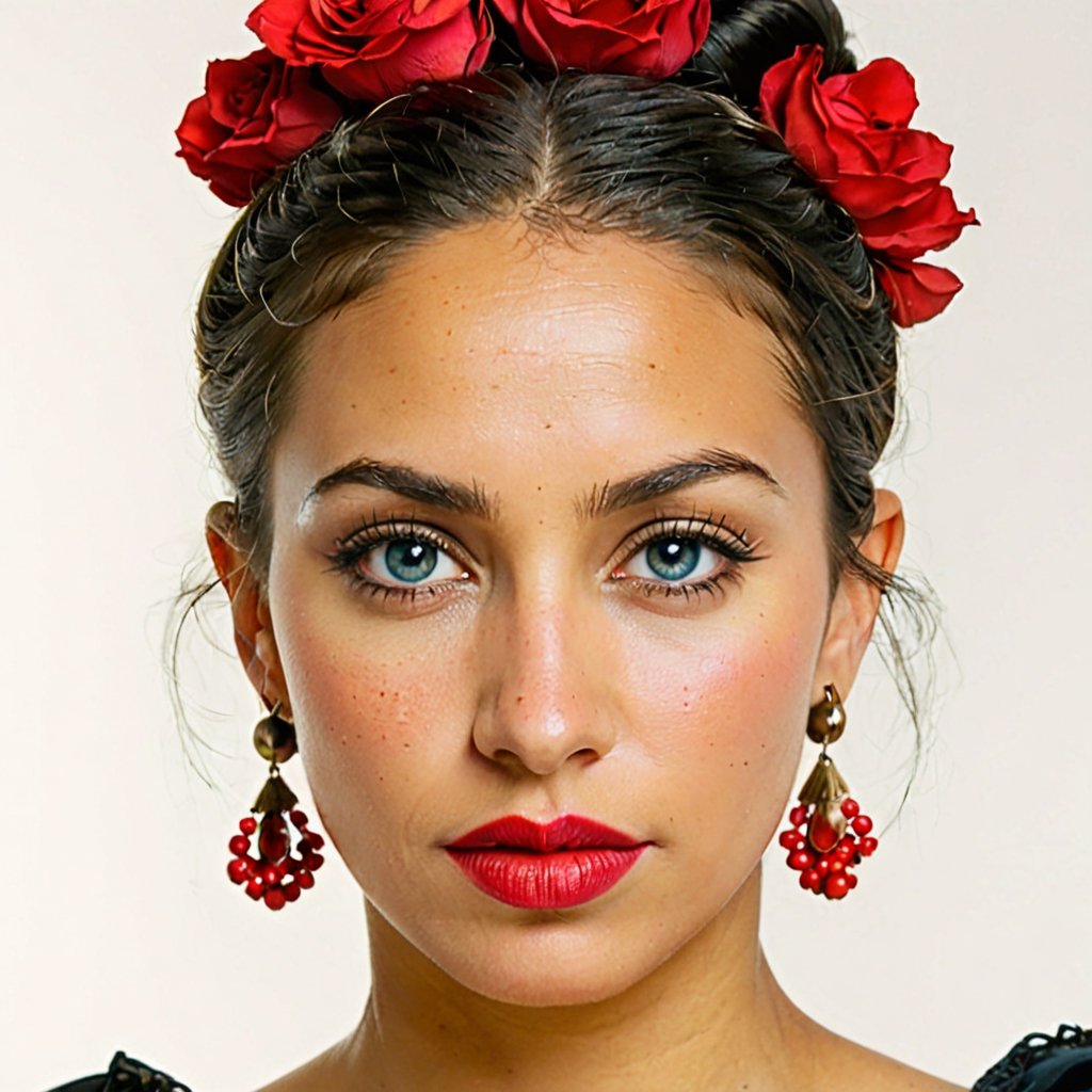 ((Medium wide shot)) frontal upper-body shot of a Mexican flamenco dancer, 29 years old, exuding a fiery passion and grace, with a sharp, intense face, highlighted in the (left side of the frame). , white background, 27 years old, hair bun, big round blue eyes, long black hair color, blonde, round face, very thin lips
,PORTRAIT PHOTO

Aligned eyes, Iridescent Eyes, (blush, eye_wrinkles:0.6), (goosebumps:0.5), subsurface scattering, ((skin pores)), detailed skin texture, textured skin, realistic dull skin noise, visible skin detail, skin fuzz, dry skin, hyperdetailed face, sharp picture, sharp detailed, analog grainy photo vintage, Rembrandt lighting, ultra focus, illuminated face, detailed face, 8k resolution