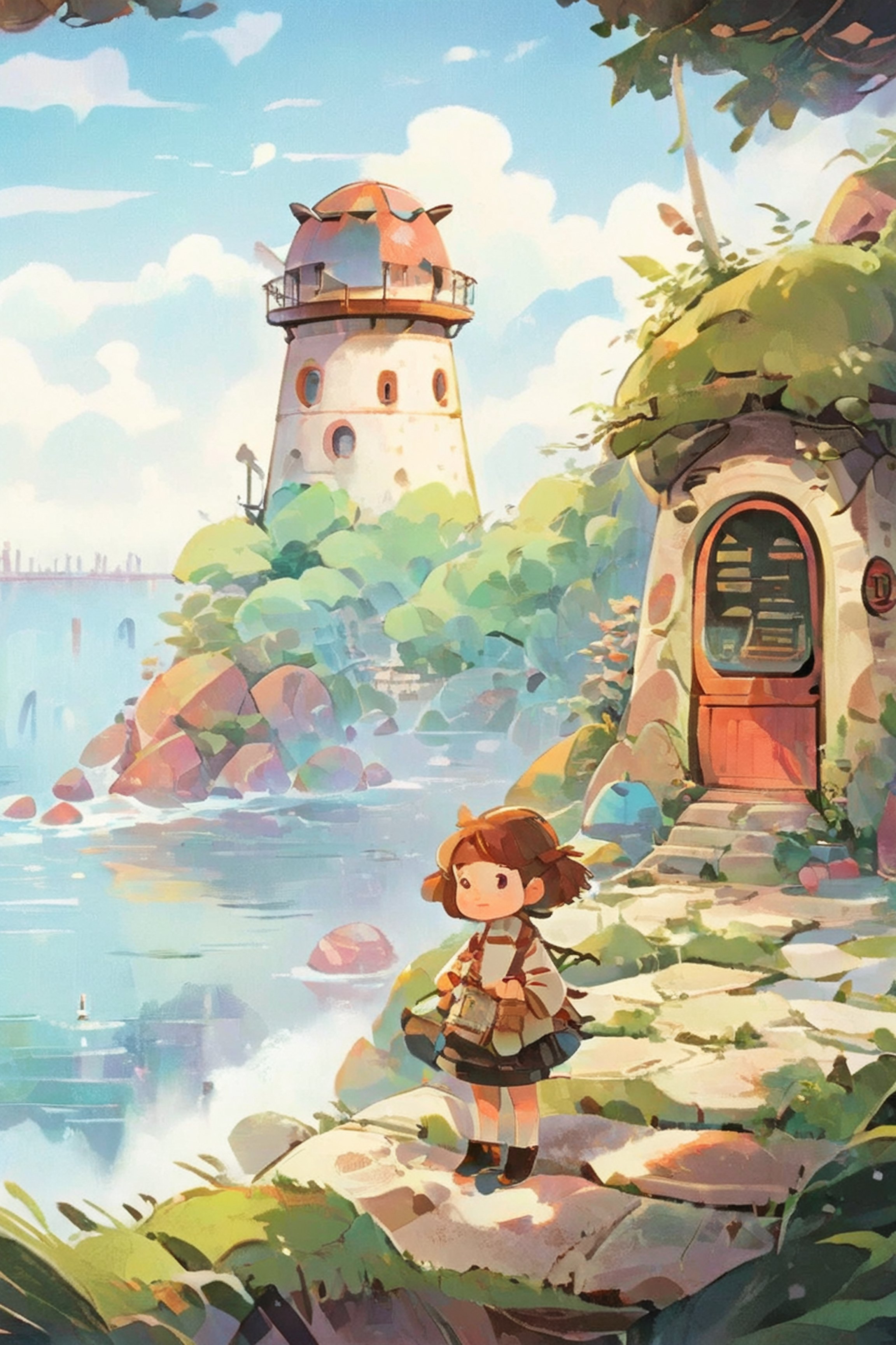 a beautiful artwork illustration, detailed scenery, environment design illustration, highly detailed scene, beautiful anime scenery concept art, immensely detailed scene, vintage paper, more detail XL, Warm pastel colors, shuicaixiaodian, girl, brown braid hair, cute, kawaii, beautiful face, in front of a large strange building. The image depicts a futuristic, large spherical structure atop cylindrical supports, reminiscent of a water tower but with architectural features, situated on a body of water flanked by rocky outcrops with vegetation. The art style is digital with a clean, vivid color palette, using cel-shading techniques to create a flat, yet textured appearance. The technique is similar to that used in anime backgrounds, evoking the works of artists from Studio Ghibli, such as Hayao Miyazaki, or Makoto Shinkai, known for their detailed, immersive environments. It's a blend of natural landscape and science fiction architecture, presenting an idealized, serene scene with a clear sky.
