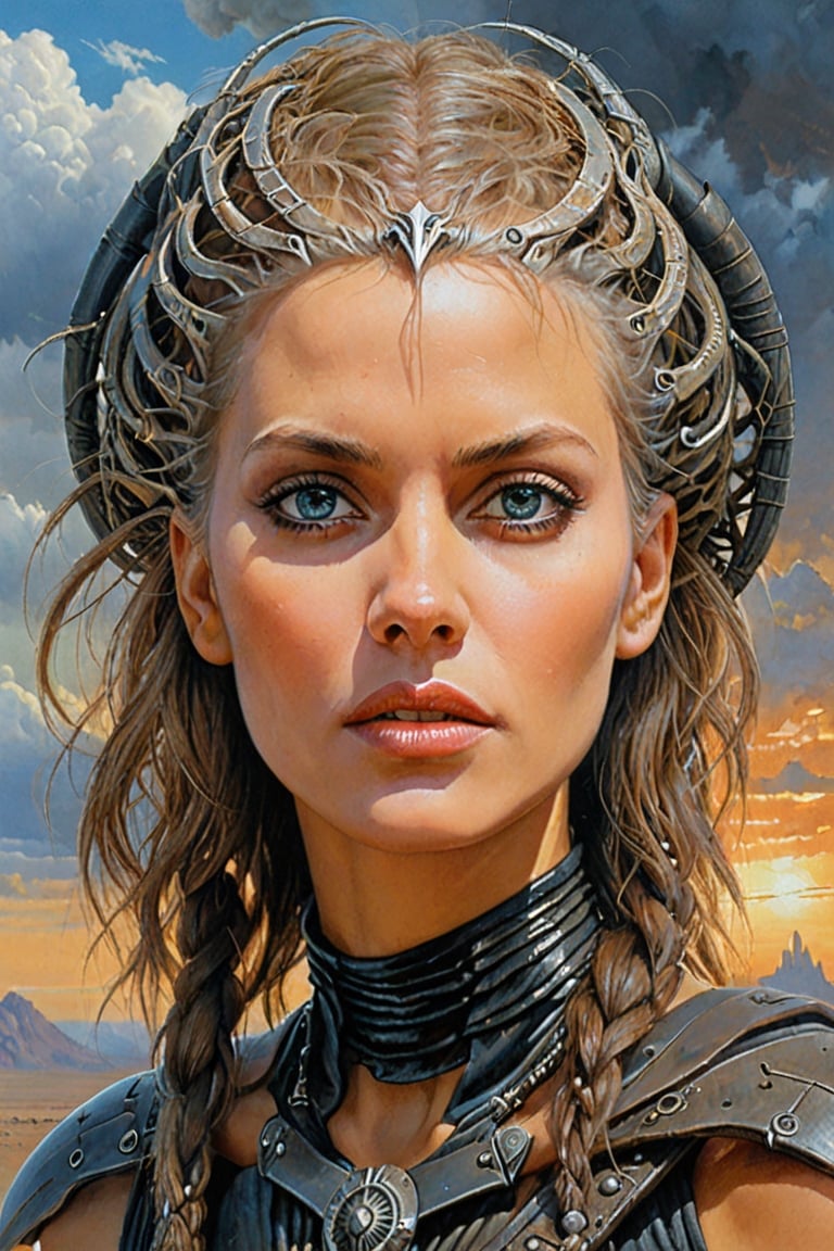 beautiful survivor lady with stunning eyes, strange shapes in the sky, post-apocalyptic, druid, fantasy, dungeons & dragons, Ralph Mcquarrie, drew struzan, h.r. giger, Zdzisław Beksiński, mad max, lady,ohwx woman
,PORTRAIT PHOTO