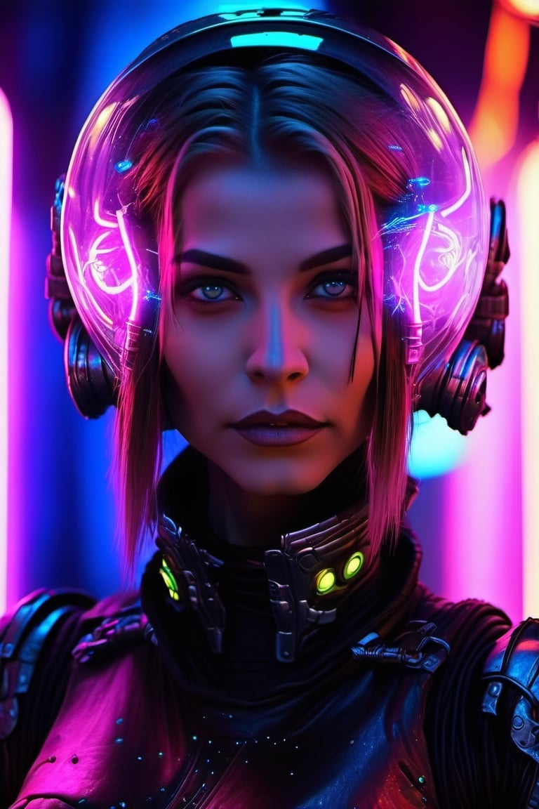 space, future, woman, lights, perfect eyes, beautiful, realistic,roborobocap,cyberpunk style,neon photography style