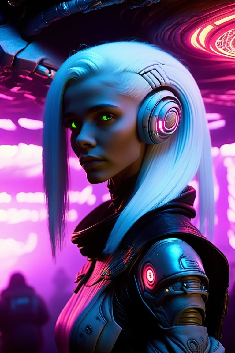 space, future, planet, lights, perfect eyes, beautiful, white hair. realistic,roborobocap,cyberpunk style,neon photography style, aliens, fantasy,  