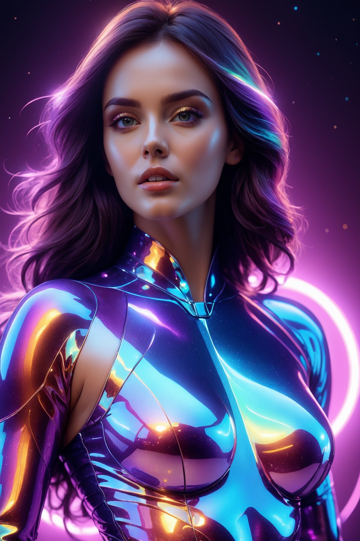 Nice, space, woman, shape, with opalescent skin and iridiscent scales, masterpiece, absolutely perfect, stunning image, visually rich, intricately detailed, concept art, by Mschiffer, glowy, cinematic, UHD wallpaper, 3d, octane render, volumetric lights,Movie Still, neon, 