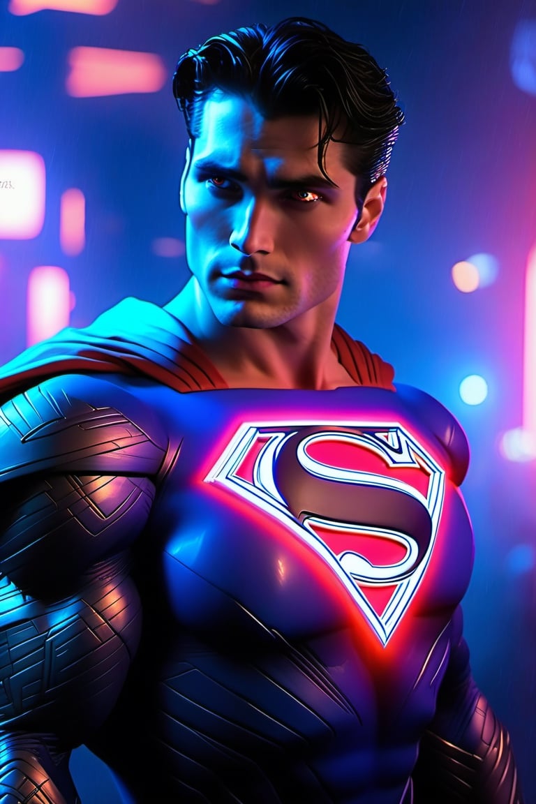 space, future, superman, lights, perfect eyes, beautiful, realistic,roborobocap,cyberpunk style,neon photography style