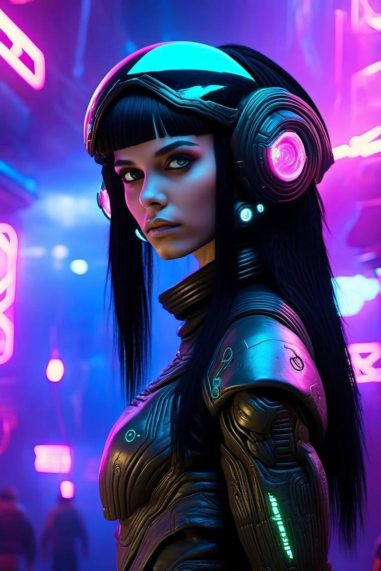 space, future, planet, lights, perfect eyes, beautiful, black hair. realistic,roborobocap,cyberpunk style,neon photography style, aliens, fantasy,  