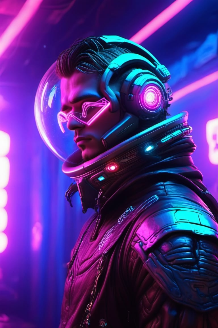 space, future, planet, man, lights, perfect eyes, beautiful, realistic,roborobocap,cyberpunk style,neon photography style