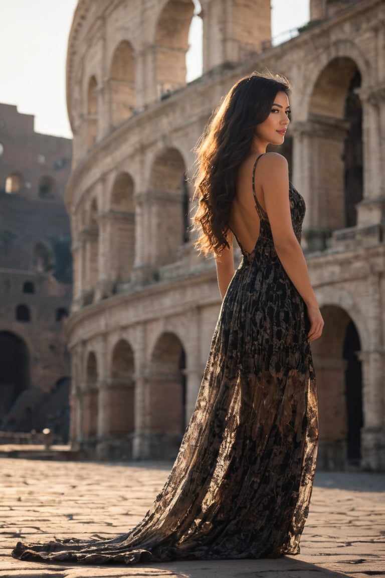 Softly lit afternoon sun casts a warm glow on the ancient stones of the Colosseum as a lovely young woman stands before it, her long, curly black hair flowing down her back like a raven's wing. She wears a flowing Italian-style dress with floral patterns, its hem fluttering gently in the breeze. Her eyes, dark and mysterious, seem to hold secrets of the Eternal City.