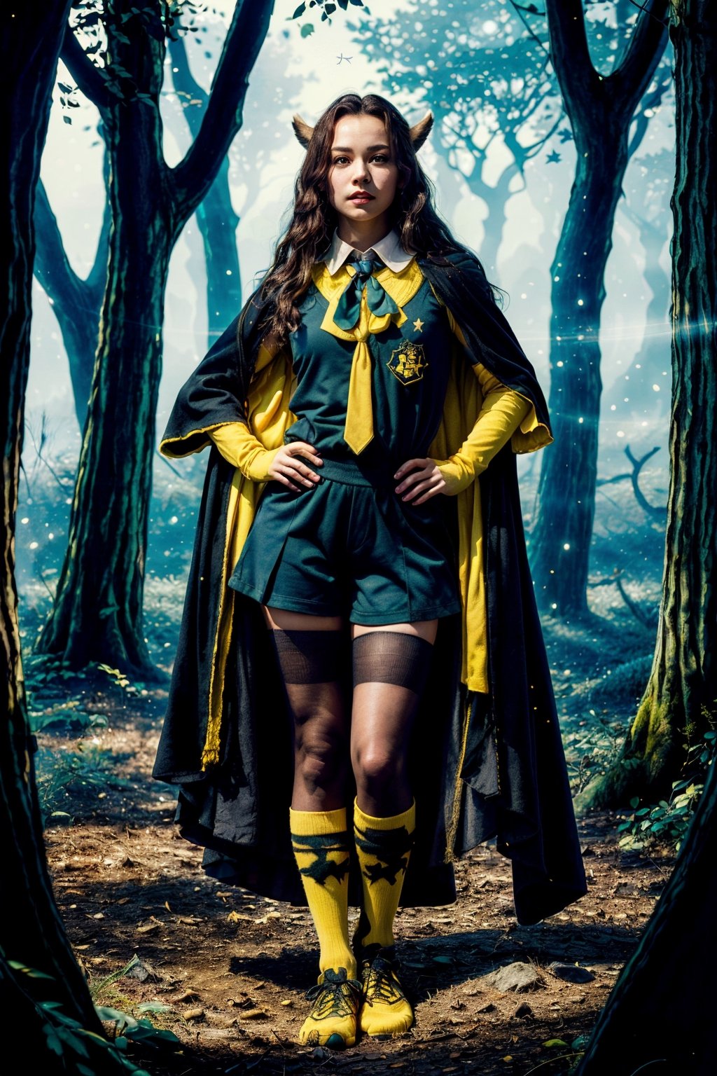 Hogwarts Hufflepuff student, magical forest with on the background, the girl is playing with magic animals, 8k quality, her school uniform is yellow vest, black long shorts, long yellow socks, black and yellow long cloak with Huffelpuff sign, green eyes, long straight light brown hair, the image must be striking and high impact, magic photo style, the woman should have an elegant and cunning appearance, the background must be dark and magic, night and magic atmosphere, the image must have 8k resolution and a high level of detail, full body, (artistic pose of a woman),mgln