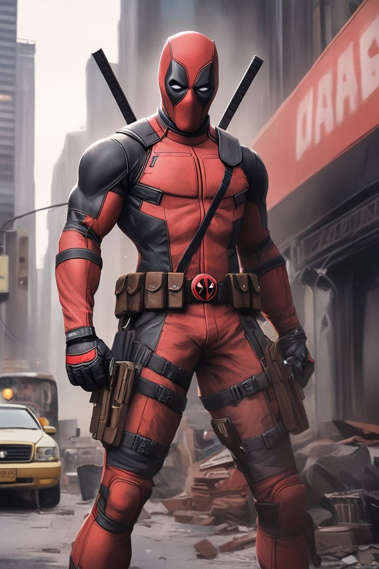 Marvel Deadpool character, he is standing in the city, detailed picture, detailed hands, masterpiece, comics style ,more detail XL