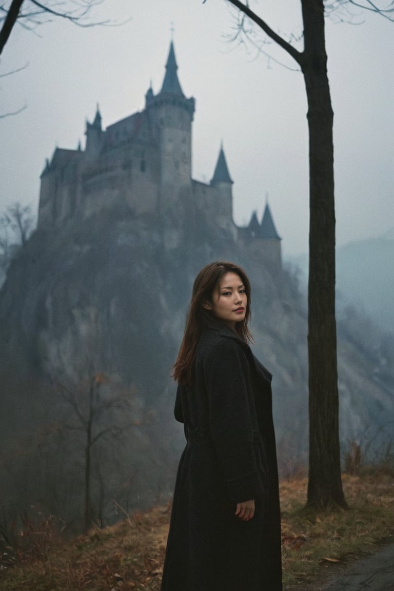 A moody, film-photography-inspired scene: a young woman stands elegantly on Romanian city, her gaze fixed intently forward. She wears a autumn outfit in dark shades, its hem fluttering gently in the breeze. Dracula's castle Bran looms large in the background, softened by the hazy, cinematic atmosphere. Shadows dance across her face, illuminated only by the faint glow of a nearby streetlamp.,1girl