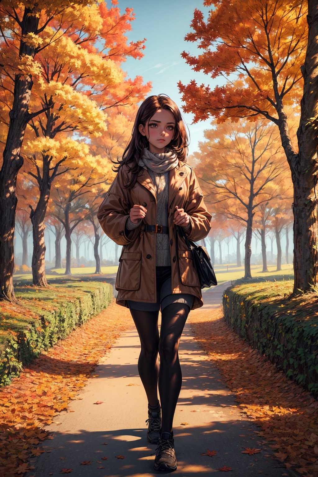 A beautiful girl, cozy Autumn themed Walk, nature walk, Autumn day, flora, beautiful lighting, Autumn colors, Autumn elements, (masterpiece, best quality)