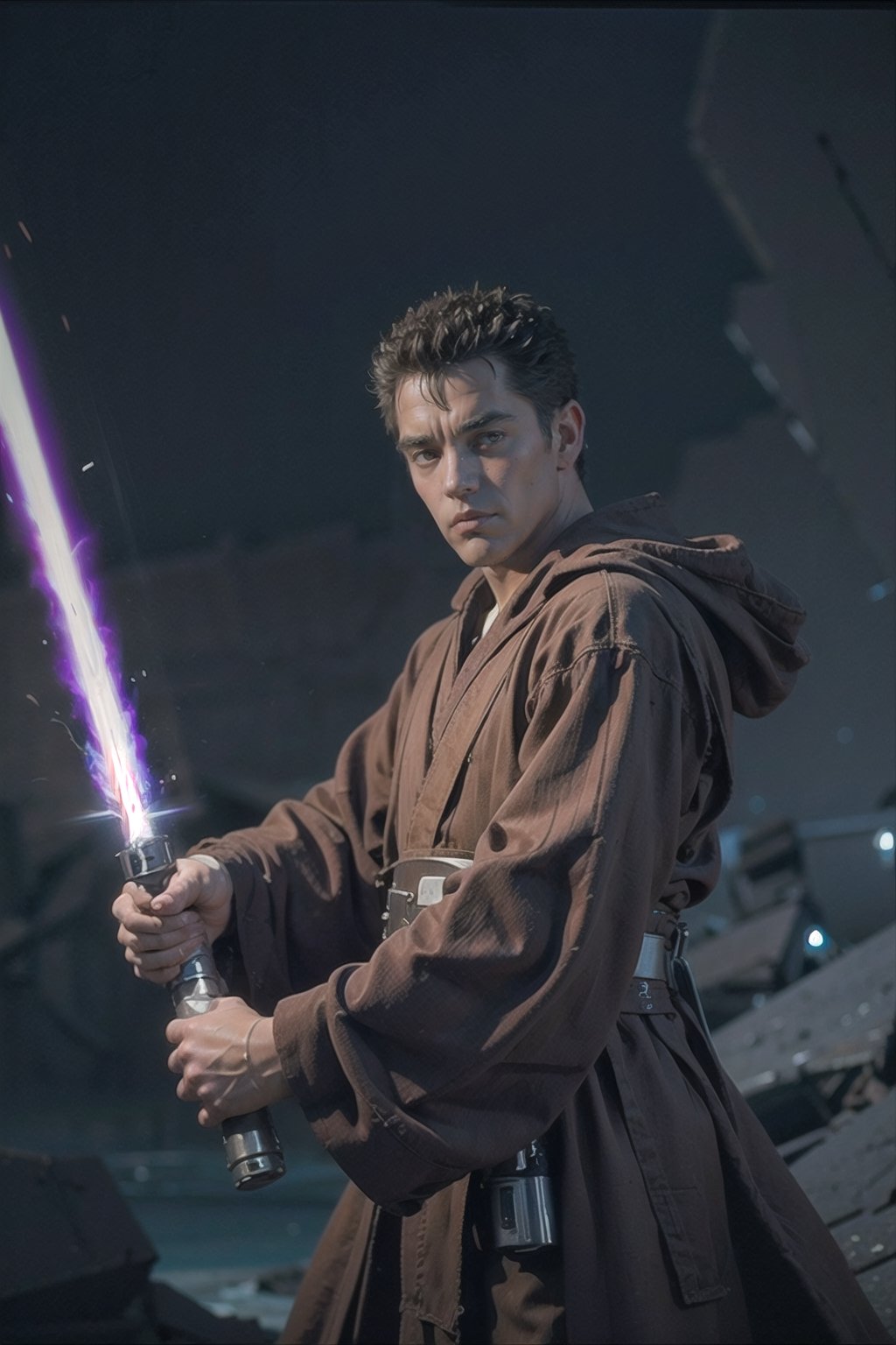 1 man, image of a mature man who looks like "Guts" from Berserk in Jedi robes, holding a purple lightsaber in his right hand, dynamic pose, ready for battle, mature, 35 years old, short hair, white streak in his hair, correctly wielding a lightsaber, light_saber, purple lightsaber, black dress, cloth pieces, on a planet of ice